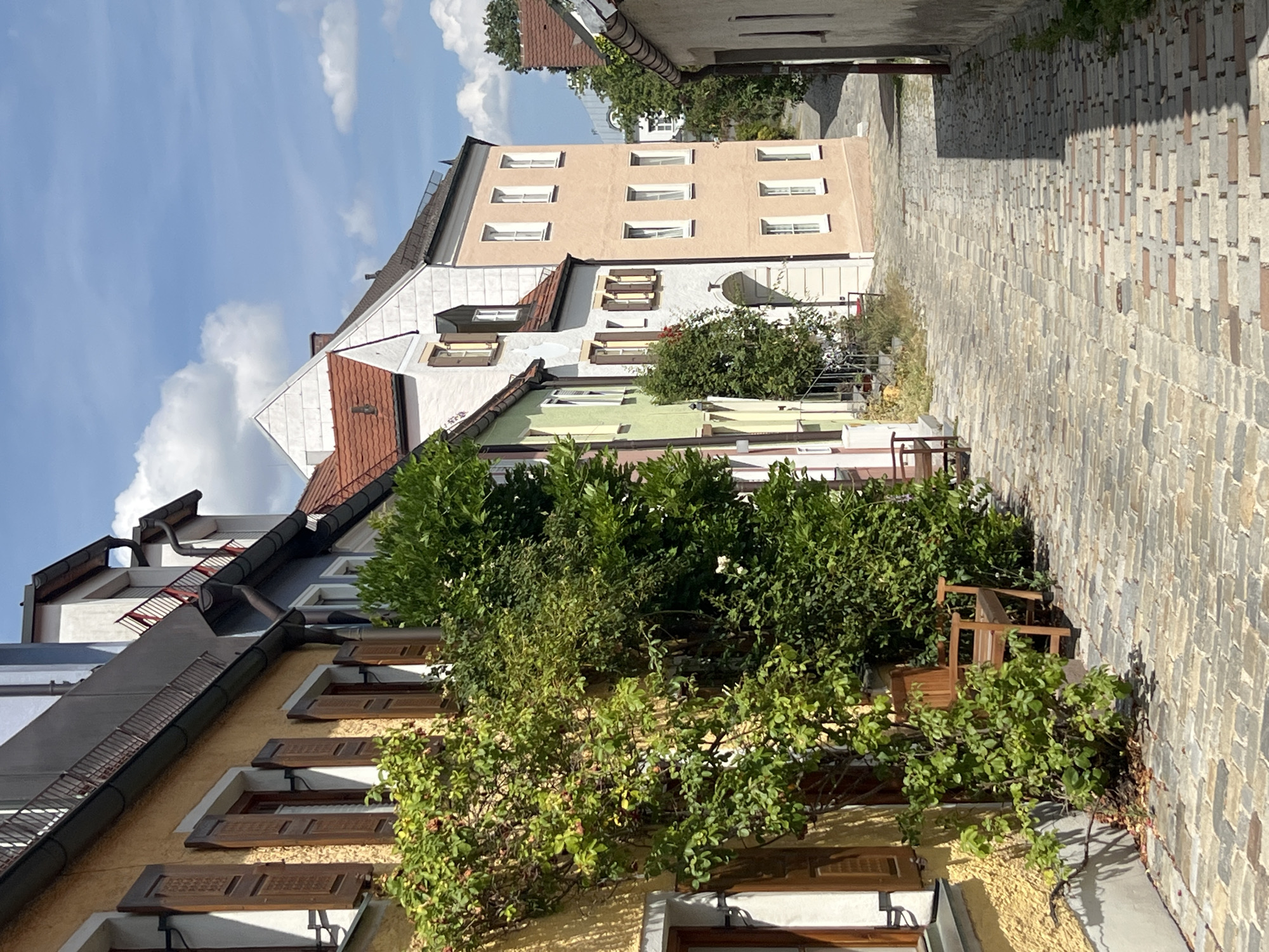 The image depicts a cobblestone alleyway in Freising, Germany. The alley is lined with buildings of various colors, including yellow, green, white, and pale pink. Many of the buildings have traditional wooden shutters on their windows and red tiled roofs. Lush green vines climb the facade of the yellow building on the left, and a wooden bench sits in front of it, partially covered by foliage. The alley curves and slopes upwards, with more buildings visible in the distance. The sky is blue with scattered white clouds, suggesting a sunny day. The scene conveys a sense of historic European charm.