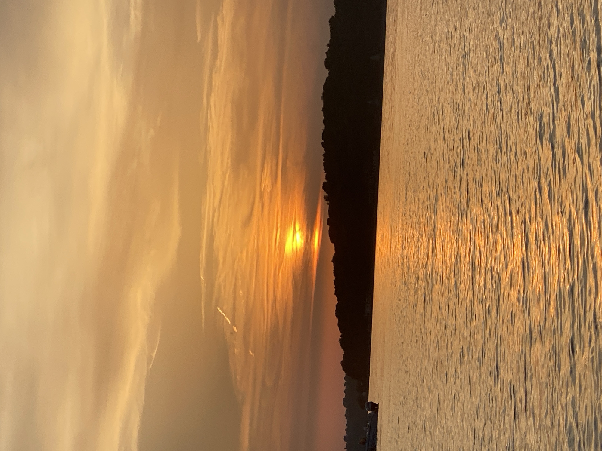 An expansive view of the sea under a sunset sky is captured, with the sun positioned just above a tree-lined horizon. The sky is painted with hues of orange and yellow, streaked with wispy clouds. The calm water reflects the warm tones of the sunset, creating a shimmering surface. On the left side of the frame, a boat is visible, its silhouette dark against the bright water. The coastline is densely forested, appearing as a dark, undulating mass against the sky. The scene suggests a tranquil evening on the water, likely near Premantura, Croatia, known for its scenic coastal landscapes.