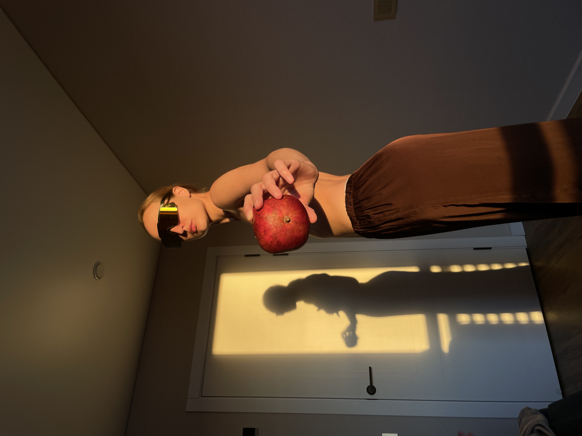 A woman stands in a room, holding a pomegranate in her hand. She wears sunglasses and brown clothing. The wall behind her is illuminated by the setting sun, casting a shadow of her holding the fruit. The location appears to be an interior space with a closed door, though there is no information to suggest the scene is located in Подшивалово, Russia.