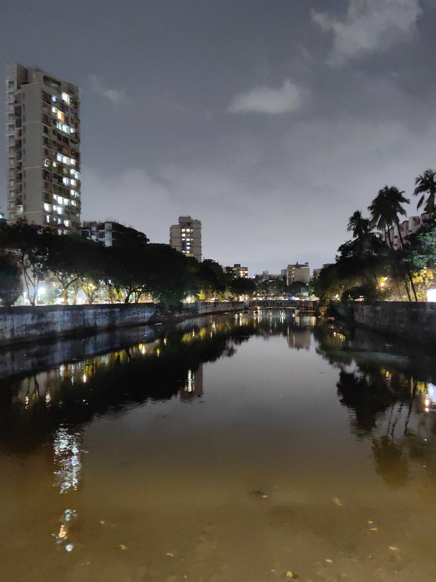 This is a night-time, low-light photograph of a canal or waterway running through a densely populated urban area in Mumbai, India. The water is murky and appears to be reflecting lights from buildings and street lamps. On the left bank of the canal, a tall, modern apartment building with many illuminated windows dominates the skyline. To the right of this building, more residential or commercial structures are visible, interspersed with trees and vegetation. The right bank of the canal also features buildings and palm trees. The sky above is overcast and dark, typical of a cloudy night in Mumbai. The overall scene depicts the coexistence of nature and urban development in the city, with a focus on the reflections in the water.