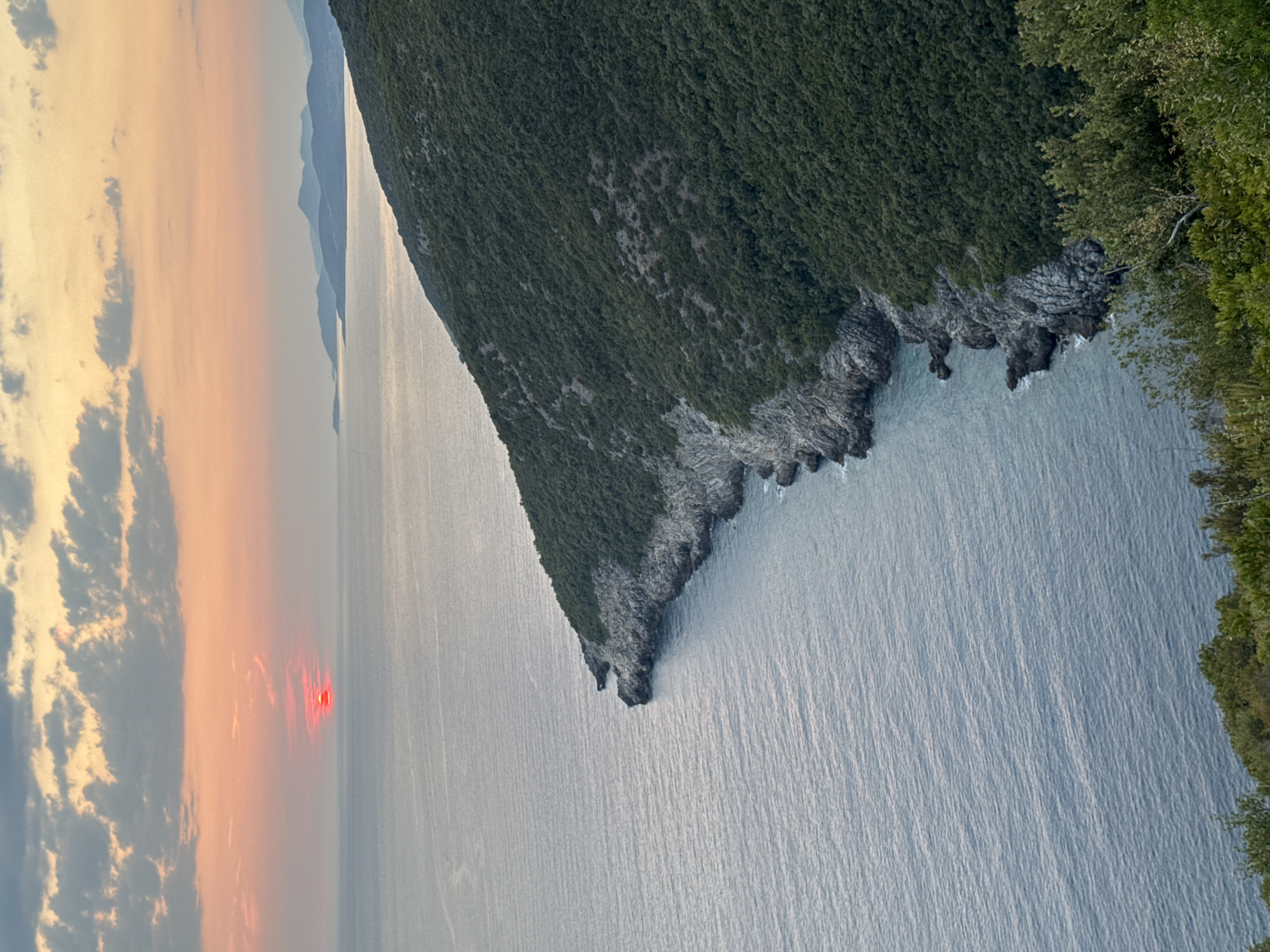The image captures a serene sunset over the Adriatic Sea, with the rugged coastline of Zagora, Montenegro, prominently featured. The sky is painted in hues of orange and pink, with scattered clouds, as the sun, a vibrant red orb, dips towards the horizon. The sea, a calm expanse of blue, gently laps against the rocky shore. A dense, green forest blankets the steep hillside that descends towards the water, creating a stark contrast between the natural beauty of the land and the vastness of the sea. Distant, hazy mountains are visible on the horizon, adding depth to the picturesque landscape. The scene is devoid of any human presence or man-made structures, emphasizing the untouched natural splendor of the location.