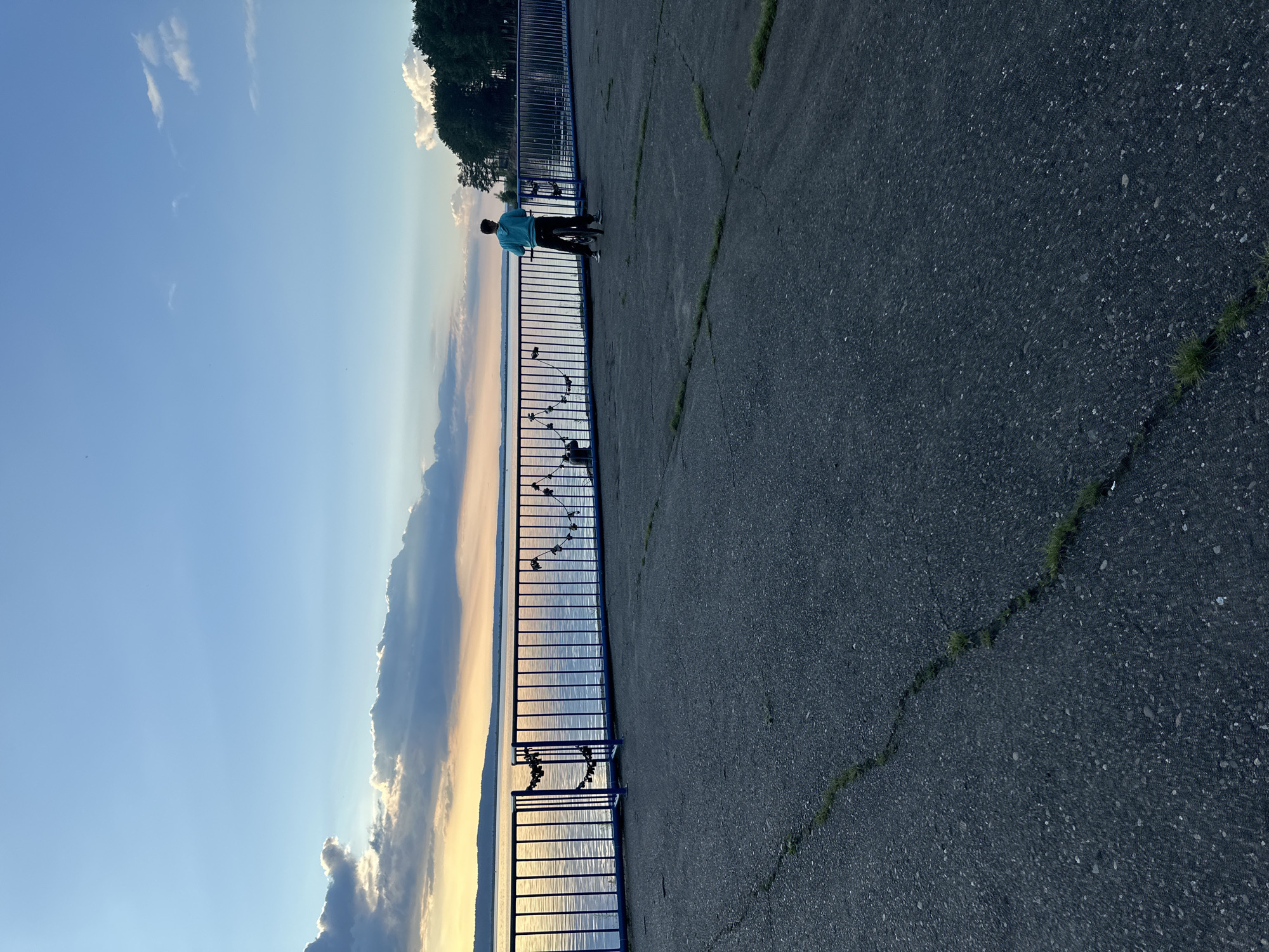 The image depicts a waterfront scene with a person on a bicycle, standing near a blue metal railing. The railing overlooks a body of water, with a distant shoreline visible on the horizon. The sky is a pale blue with scattered clouds, and a hint of sunset colors is present in the upper left corner. The foreground is an asphalt walkway with visible cracks and patches of grass. The scene appears to be a public area, possibly a park or promenade. The overall lighting suggests it is either early morning or late afternoon.