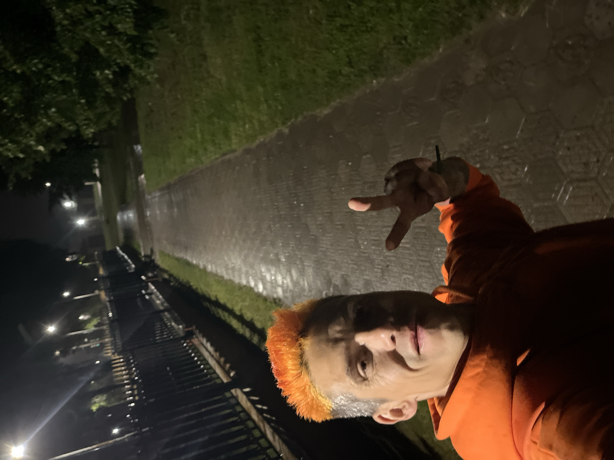 The image portrays an adult male taking a selfie at night in an outdoor urban environment within Chaikovsky, Russia. The individual, positioned in the foreground, is wearing an orange hooded sweatshirt. He has prominent, bright orange hair on top, contrasting with gray hair on the sides and back. He is looking directly at the camera with a slight smile and making a peace sign (V-sign) with his left hand.
The setting features a wet paved pathway, constructed from interlocking hexagonal pavers, which indicates recent precipitation and reflects light sources. This pathway extends into the background on the right side of the frame. To the left of the pathway, a dark metal fence with vertical bars runs parallel to the path. Beyond the fence, a strip of grass is visible, followed by trees with dense foliage, receding into the dark background. Multiple streetlights illuminate the scene, casting reflections on the wet surfaces and providing the primary light source for the nighttime environment.