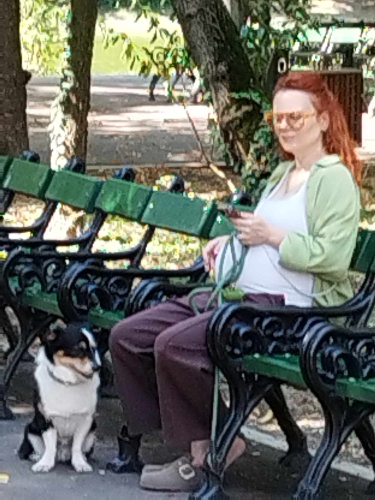 In a park in Bucharest, Romania, a woman with auburn hair and sunglasses sits on a green park bench, looking at her phone. She wears a light green jacket over a white top and dark brown pants. To her left, a small black and white dog sits attentively on the ground. The bench has ornate black metal legs and a slatted green seat. In the background, trees with dappled sunlight on their leaves, and other park-goers are visible.