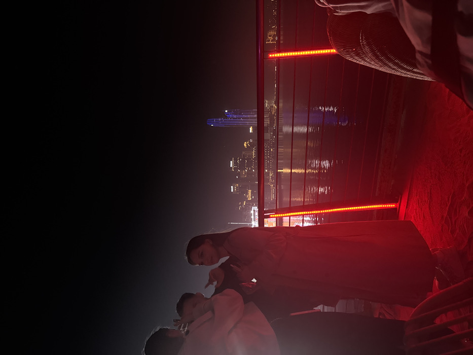 People stand near a waterfront at night, with a cityscape in the background reflecting in the water. A red light illuminates the foreground, highlighting a woman in a dress who points towards something. Other individuals, including a child, are also visible. A railing separates the people from the water, marked by a red light strip. Part of a woven object is visible in the foreground.
