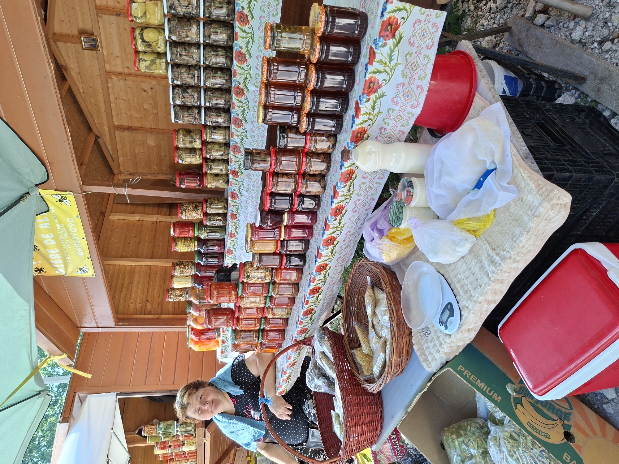 The image depicts an outdoor market stall in Scoreni, Moldova, where a woman is selling jars of preserved food and other goods. The stall is constructed of wood, with a green awning providing shade. A sign at the top reads "MIERE DE AL."
The woman, who appears to be in her 50s or 60s, is wearing a black dress with white polka dots and a light blue scarf around her neck. She is seated and looking towards the camera. In front of her are several wicker baskets containing bagged goods, possibly herbs or dried foods.
The main focus of the stall is the extensive display of glass jars filled with various preserved items. These include what appear to be pickles, jams, honey, and other pickled vegetables. The jars are neatly arranged on shelves and the table.
On the table in front of the jars are additional items: a digital scale, several bags of white produce (possibly cheese or dough), a bottle of white liquid (likely milk or yogurt), and a red bucket. To the left of the table, a cardboard box labeled "PREMIUM" and featuring a banana illustration contains more bagged green produce. A red and white cooler is also visible to the left.
The ground beneath the stall is covered with gravel and small stones, typical of an outdoor market setting. The overall impression is a local vendor selling homemade or locally sourced food products.