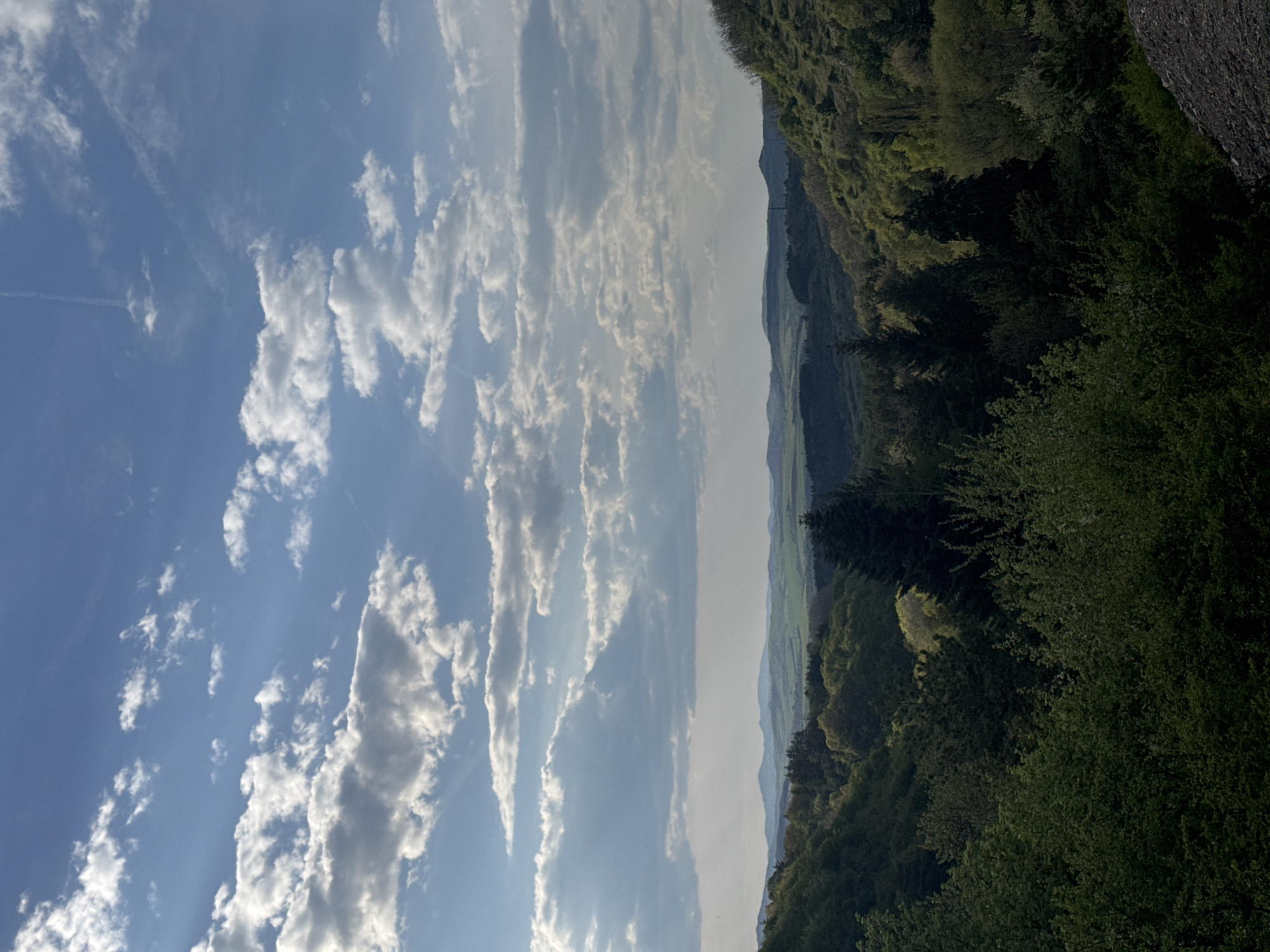 The image depicts a landscape in Mala Rakovitsa, Bulgaria. The sky occupies the left side, featuring a bright blue hue with scattered white clouds. A horizon line separates the sky from a hilly landscape, characterized by a mix of green trees and fields. The right side of the image contains denser green foliage, suggesting a wooded area. A road or path is visible on the extreme right edge of the frame.