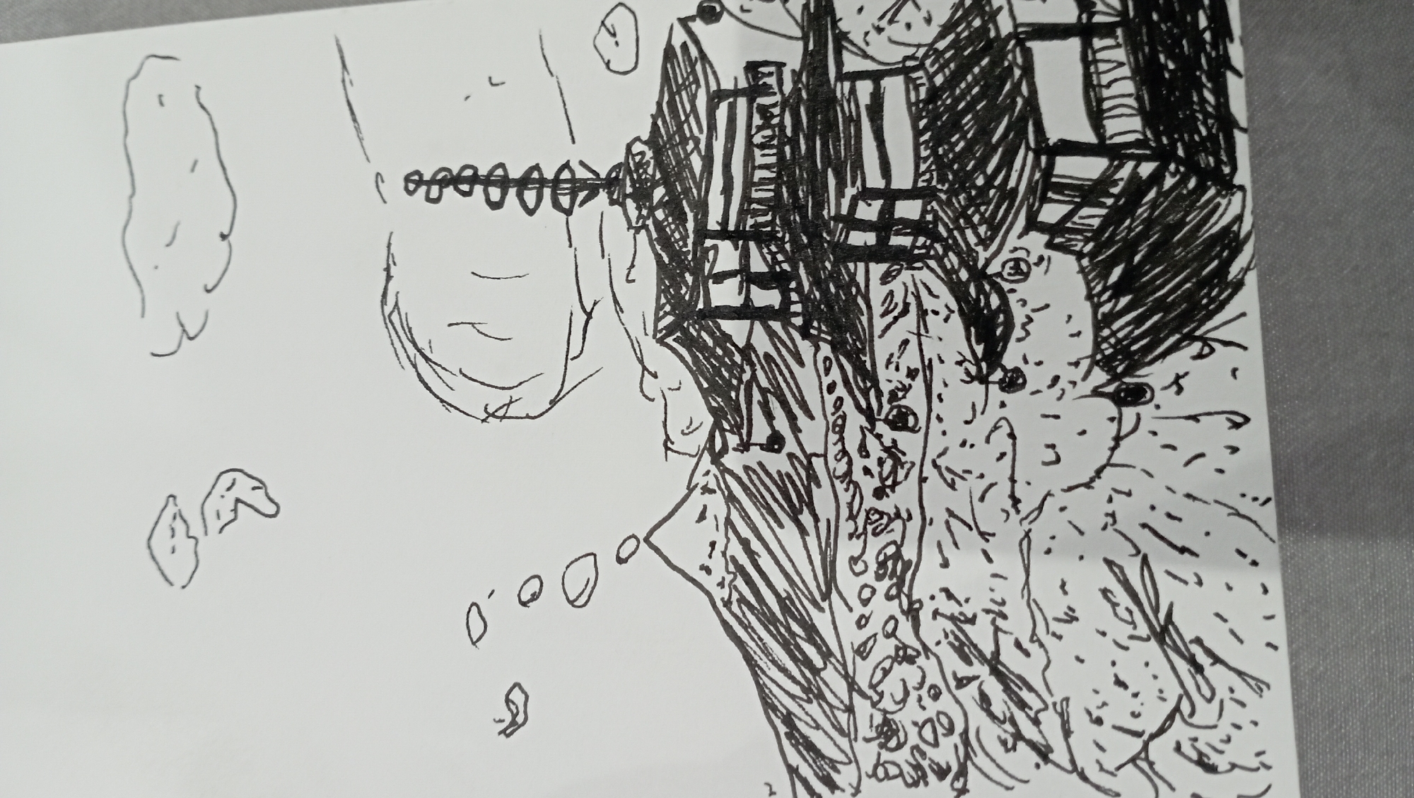 A black ink sketch on white paper shows a chaotic scene. On the left are indistinct shapes. In the center, a series of connected circles leads to a more defined structure with linear details resembling a building or a complex garment. The right side of the image is filled with dense, overlapping lines and patterns, resembling textures or dense foliage. The setting is undefined. There is no indication that the sketch depicts Nha Trang Ward, Vietnam.
