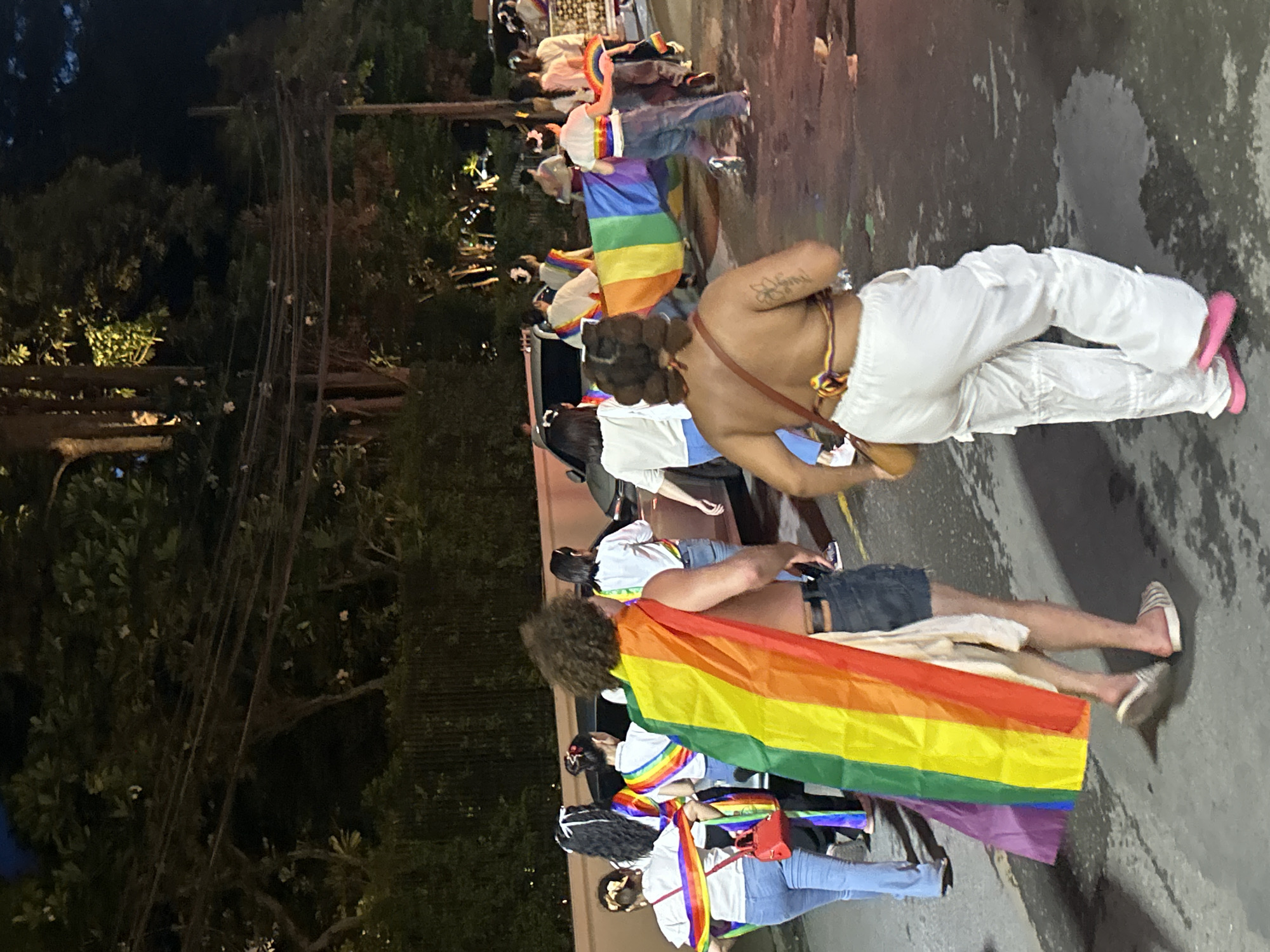 A group of people are walking down a street in Chiang Mai City Municipality, Thailand, at night. The majority of the people are wearing clothing or accessories that represent the LGBTQ+ community, such as rainbow flags. One person is wearing white pants and pink shoes and has a tattoo on their arm. Another person is wearing a rainbow flag as a cape. The street is paved and wet. There are trees and power lines visible in the background.