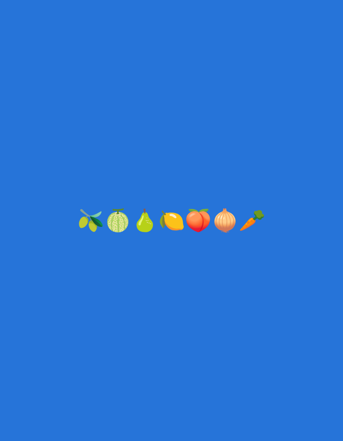 The image shows a row of six fruit and vegetable emojis against a solid blue background. From left to right, they are: olives on a branch, a cantaloupe, a pear, a lemon, a peach, an onion, and a carrot. The emojis are horizontally aligned and appear to be at the bottom of the frame. There are no people, actions, interactions, or environmental elements visible in the image. The location of Kuta Selatan, Indonesia is not relevant to the content of the image.