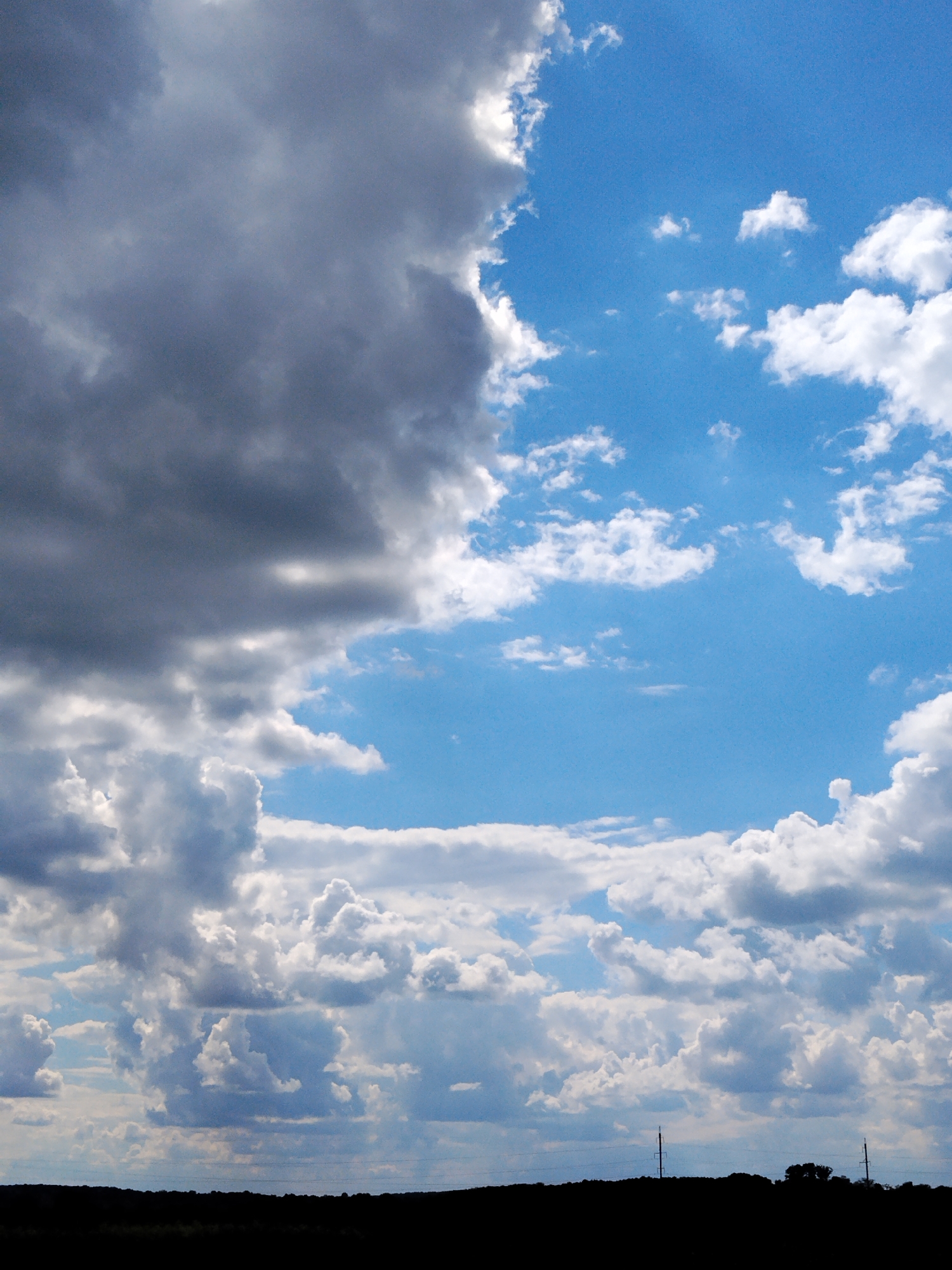 This is a vertically oriented, medium-shot, eye-level photograph of a cloudy sky above a dark, silhouetted landscape. The sky occupies approximately two-thirds of the frame, with a significant portion on the left side dominated by dark, heavy clouds, while the right side features a bright blue sky dotted with white, puffy cumulus clouds. The transition between the dark and light clouds is sharp, creating a dramatic contrast. The lower third of the image is a solid black silhouette of a flat, rural landscape. In the distance, two thin, dark vertical poles, likely utility poles, are visible on the horizon, along with a cluster of trees on the right side of the silhouette. The overall impression is one of a dynamic sky, possibly before or after a storm, over a sparsely populated area. The specific location in Ustyvytsya, Ukraine, cannot be determined from visual cues alone.
