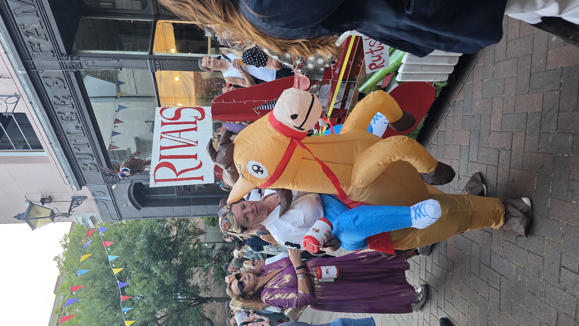 In St Leonards, United Kingdom, on a paved street lined with buildings, a woman in an inflatable horse costume, featuring blue pants and white sneakers, is being held by another woman wearing a purple dress and sunglasses. The inflatable horse has a brown mane and tail, a red bridle, and a black-and-white cartoonish eye. Behind them, a sign with red lettering on a white background reads "RIVAIS". Further back, a man in a white tank top smiles, holding a drink. A decorative bird is perched on a street lamp above the "RIVAIS" sign. Colorful triangular flags are strung across the street. The building behind the scene features large windows with signage indicating "BUTLERS FAM". The overall scene suggests a festive or celebratory event.