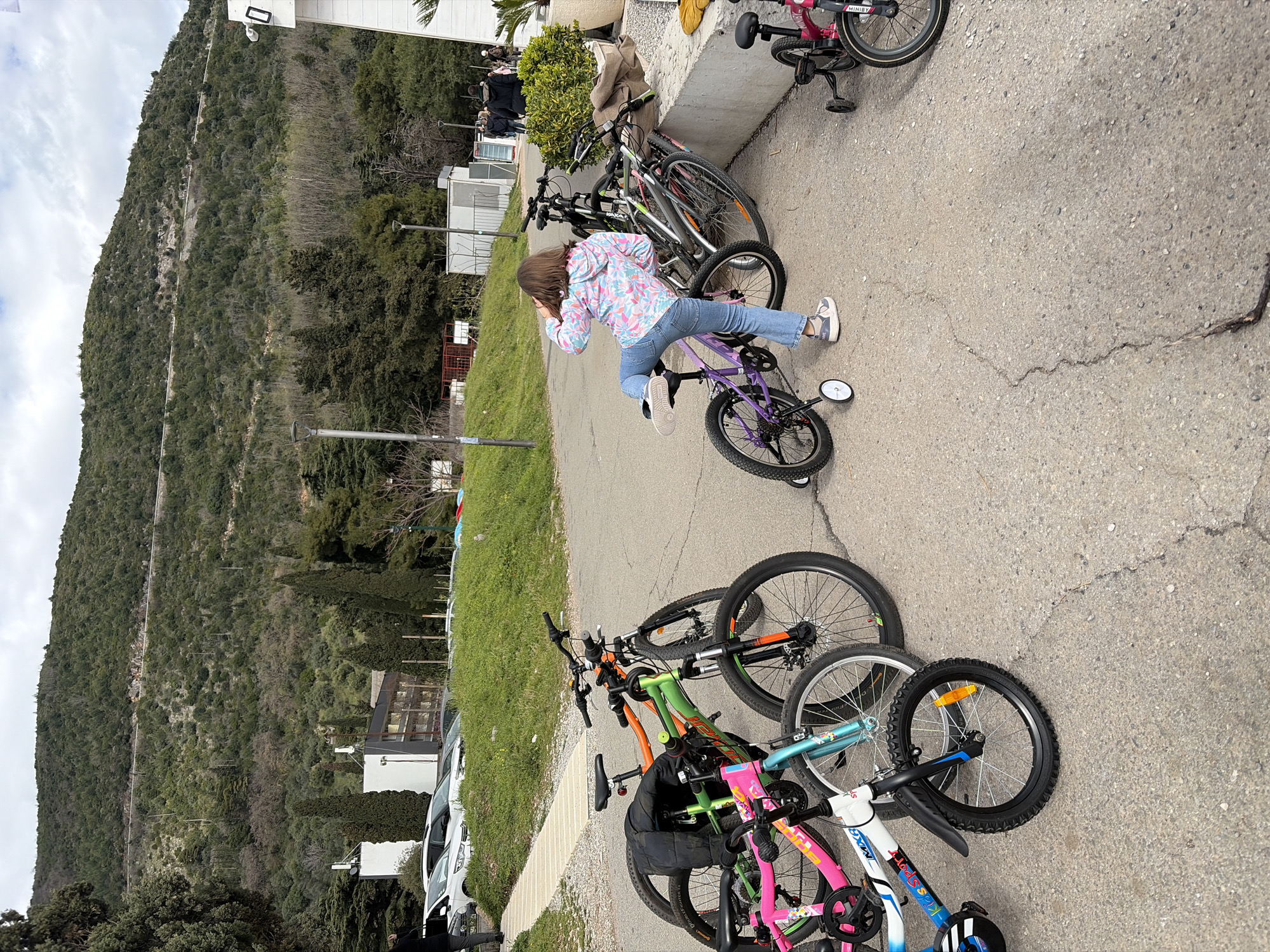 The image depicts a scene in Budva, Montenegro, showcasing a collection of bicycles parked on a paved area. A young girl in a patterned jacket and jeans is positioned on one of the bikes, a purple children's bicycle with training wheels. Additional bicycles are visible, including mountain bikes and children's bikes of varying colors. The paved area is adjacent to a grassy patch, with buildings and parked cars further in the background. In the far background, a forested hillside dominates the landscape. The sky is overcast.