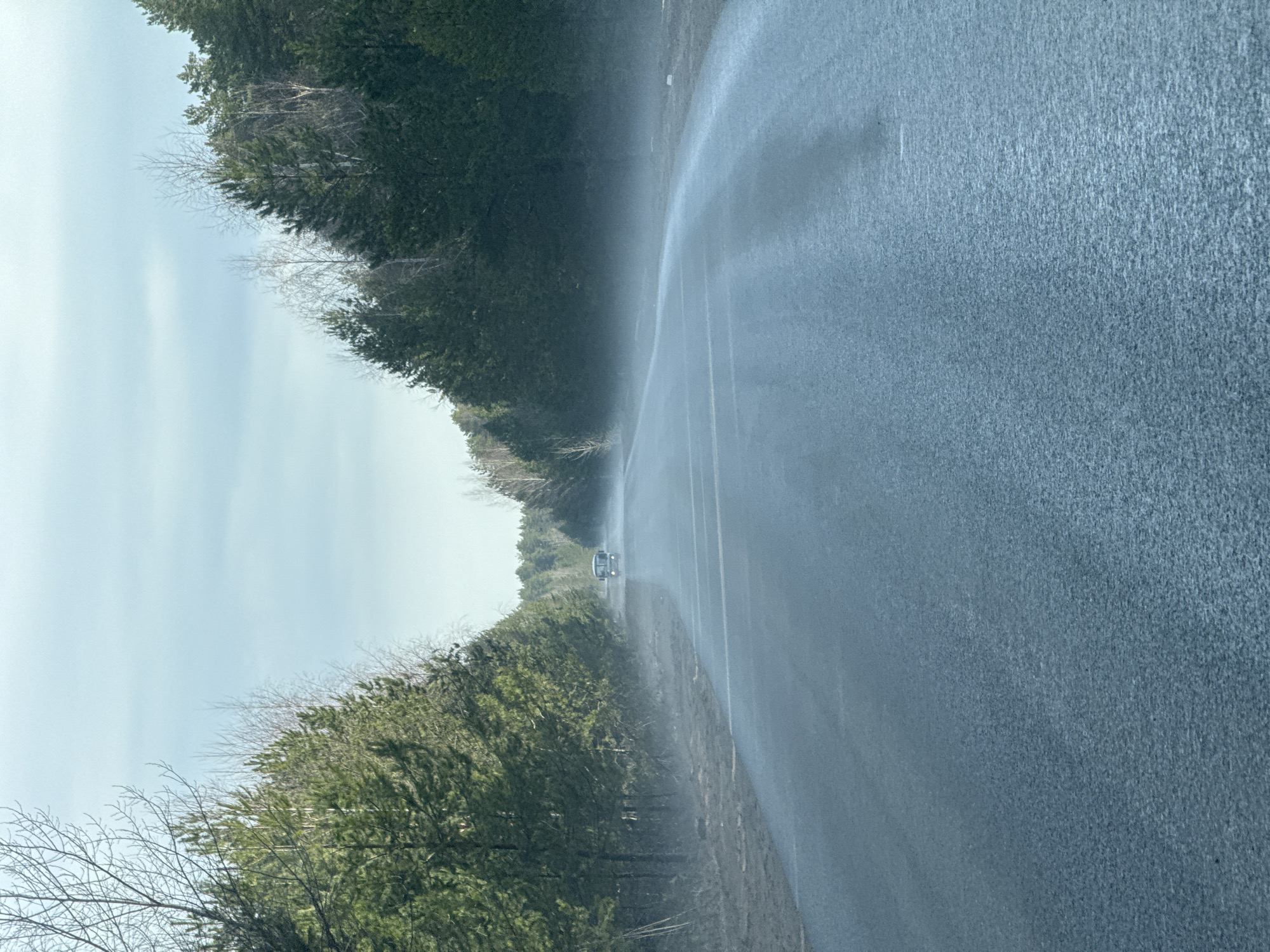 The image depicts a road bordered by trees on both sides, likely located near or around the city of Chaikovsky, Russia. The road appears wet, possibly due to rain or recent rainfall. A car is visible further down the road, moving away from the viewpoint. The sky is overcast. The environment suggests a rural or semi-rural setting.