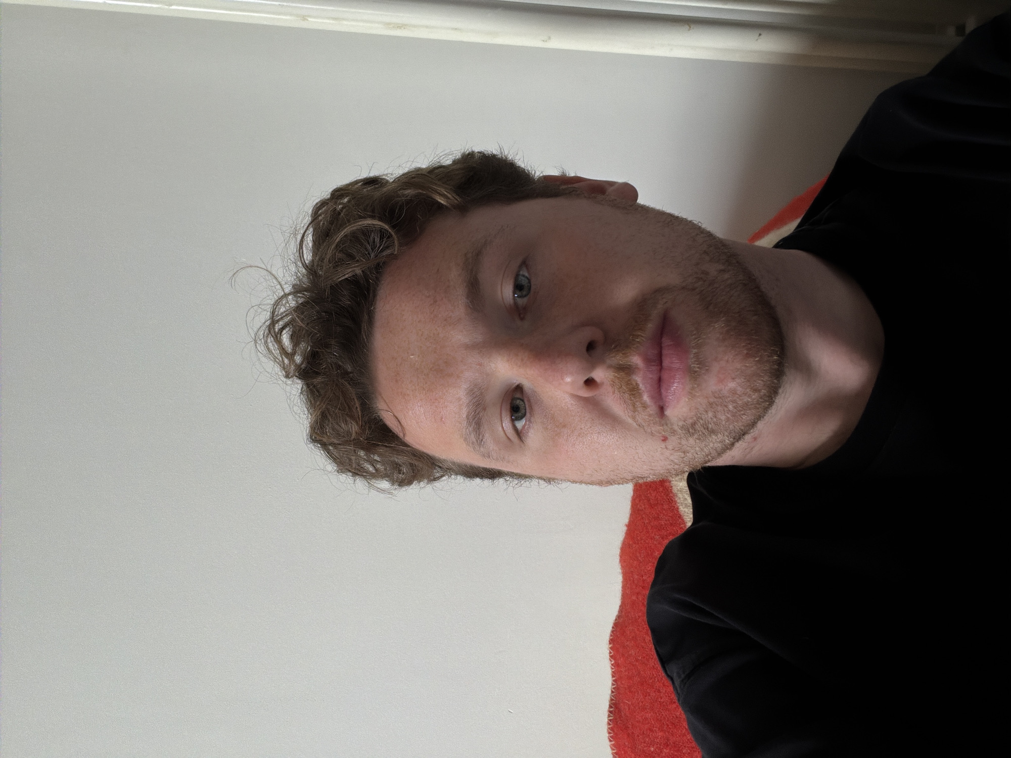 A medium-shot portrait of a light-skinned male with curly brown hair and a light beard. He is wearing a black shirt. He appears to be indoors against a white wall, with a glimpse of a red and white patterned textile to the right. No specific details indicate a location within London.