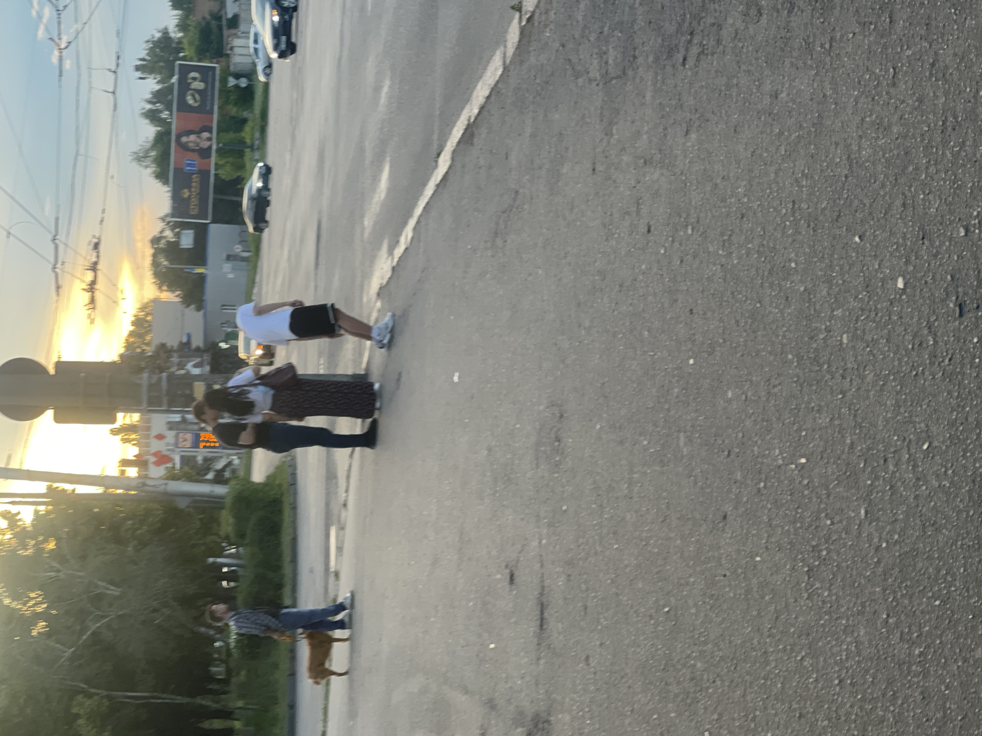 The image shows a street scene at dusk. In the foreground, a person in a white t-shirt and black shorts, wearing white sneakers, is bent over on a paved road. To the left, a person in a plaid shirt and blue jeans stands with a small brown dog on a leash. Further back, two people, a man in a black t-shirt and dark pants, and a woman in a white t-shirt and a long, patterned skirt, are standing close together, facing each other. The background features trees, a traffic light pole, overhead power lines, and a billboard. Several cars are visible on the road in the distance, and the sky shows a sunset with warm colors. The scene appears to be an urban environment.