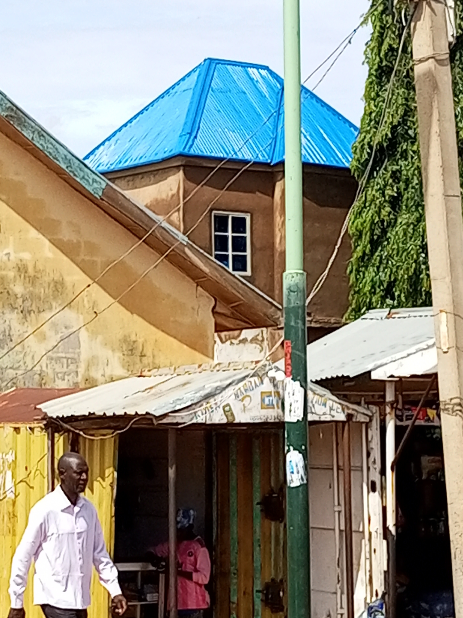 The image shows a street scene in Gombe, Nigeria. In the foreground, a man in a light pink collared shirt and dark pants walks from left to right. Behind him, to the right, a person in a bright pink garment stands inside an open-fronted structure. The structure has a corrugated metal roof and appears to be a small shop or stall. Further back, a building with a brown facade features a bright blue, multi-sided metal roof. A small, white-paned window is visible on the brown facade. A tall, leafy green tree and a concrete utility pole are prominent on the right side of the image. Two other buildings with slanted roofs are visible in the mid-ground, one a pale yellow corrugated metal structure and another with a white roof. Wires are strung between poles in the scene. The sky is overcast.
