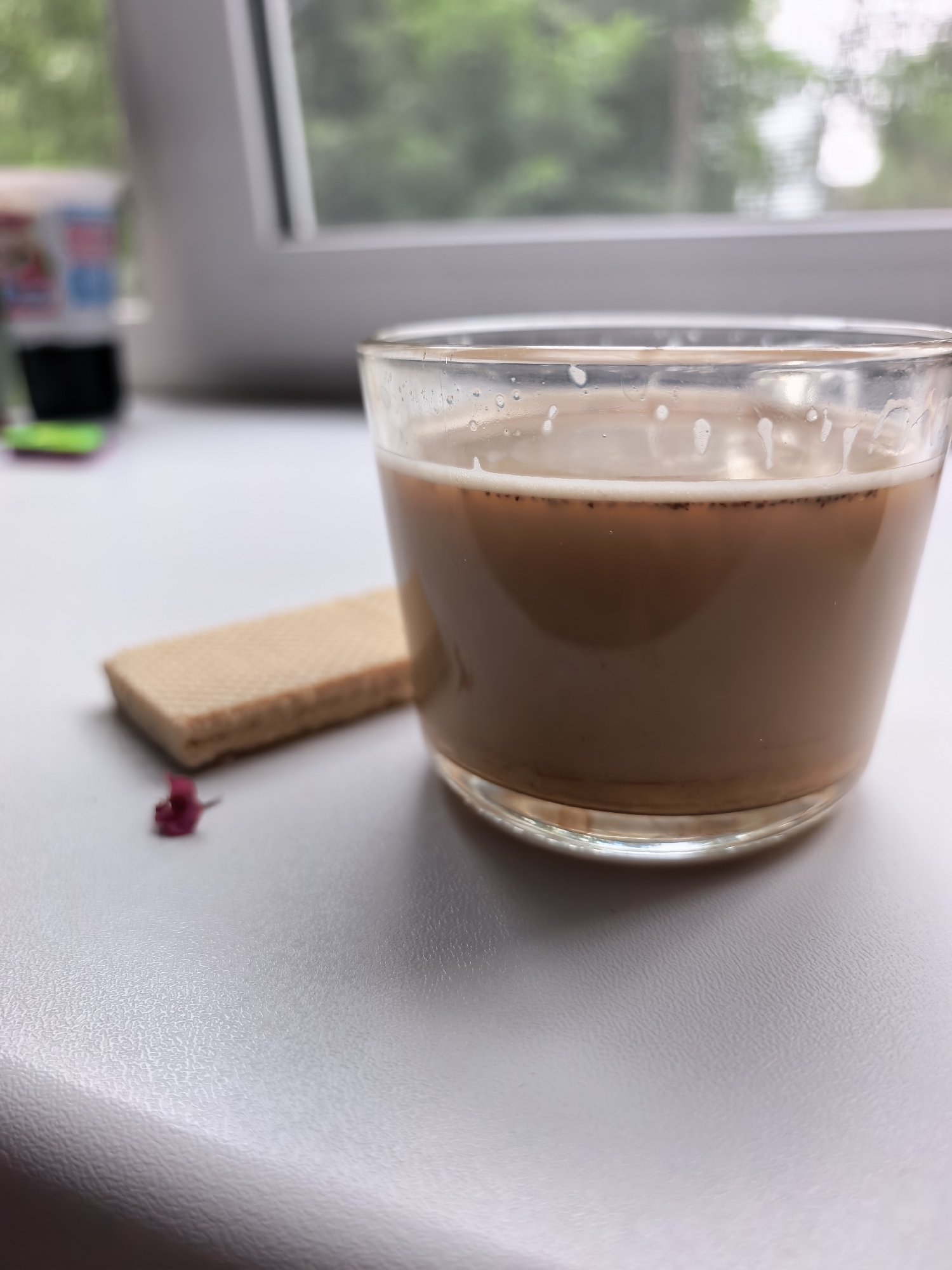 The image shows a close-up view of a glass of light brown liquid, likely coffee or tea, with some foam on top. To the left of the glass, a rectangular wafer cookie lies on a white surface. In front of the cookie, a small, dark pink flower petal is visible. The background is blurred, showing a white window frame and green foliage outside, suggesting an indoor setting with a view of nature. The lighting appears natural and soft, possibly indicating daytime.
The overall scene evokes a sense of calm and simple enjoyment, perhaps a moment of quiet reflection or a light snack. There are no people visible in the image. The white surface where the objects are placed has a slightly textured finish. In the upper left corner, there are blurred colorful objects which might be packaging or stationery, but they are too out of focus to identify clearly. No discernible text is visible in the image. The context provided indicates the location is Sterlitamak, Russia, but there are no specific visual cues within the image itself that confirm this location.