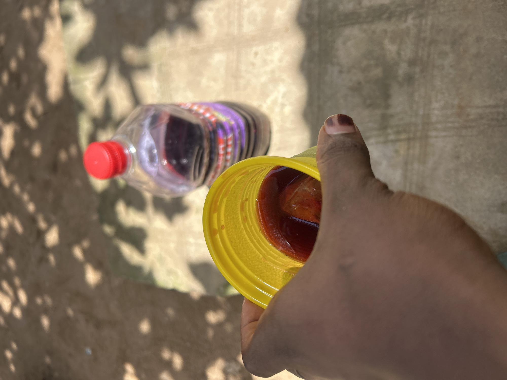 A high-angle, close-up shot shows a hand holding a yellow plastic cup filled with a dark liquid, possibly juice, with a slice of fruit visible. A bottle of the same liquid, capped with a red lid, lies on its side in the background. The scene appears to be outdoors, as indicated by the presence of shadows cast by trees or foliage on a concrete surface. The specific location within the city of Unknown, Unknown, cannot be determined based on the provided image.