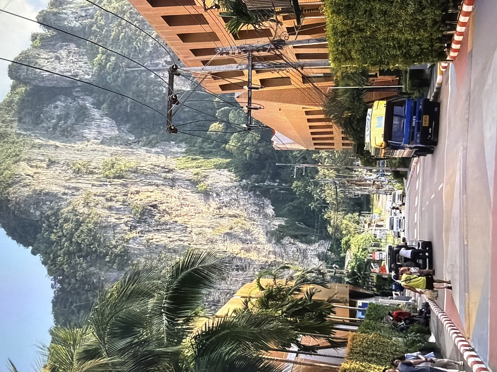 This image captures a vibrant street scene, likely in a tropical or subtropical location, dominated by a large, rugged karstic mountain or rock formation in the background. The time of day appears to be bright daylight, with clear skies and strong illumination.
In the foreground, lush green palm trees frame the lower left, with a light brown building visible beneath them. The midground features a paved street with a striped curb (red and white) and a colorful path (blue, yellow, pink) along the right side. Numerous people are present on the street and sidewalks. Some are standing near a white van, while others walk or gather. A prominent blue pickup truck, with "ISUZU" visible on its front grille, is parked or moving on the street, followed by other yellow and white vehicles. Buildings with reddish-brown facades and rectangular windows/openings line the street. Overhead, a complex network of utility poles and numerous power lines crisscross the sky.
The background is dominated by the majestic, grey and white rock face of a large mountain, partially covered in dense green foliage, particularly at its base and in crevices. The texture of the rock is highly visible, suggesting a limestone or similar formation. There is no clear indication of weather conditions beyond bright sunshine. The overall scene suggests a busy area, possibly a tourist town or a bustling local street, with a striking natural landscape providing a dramatic backdrop.