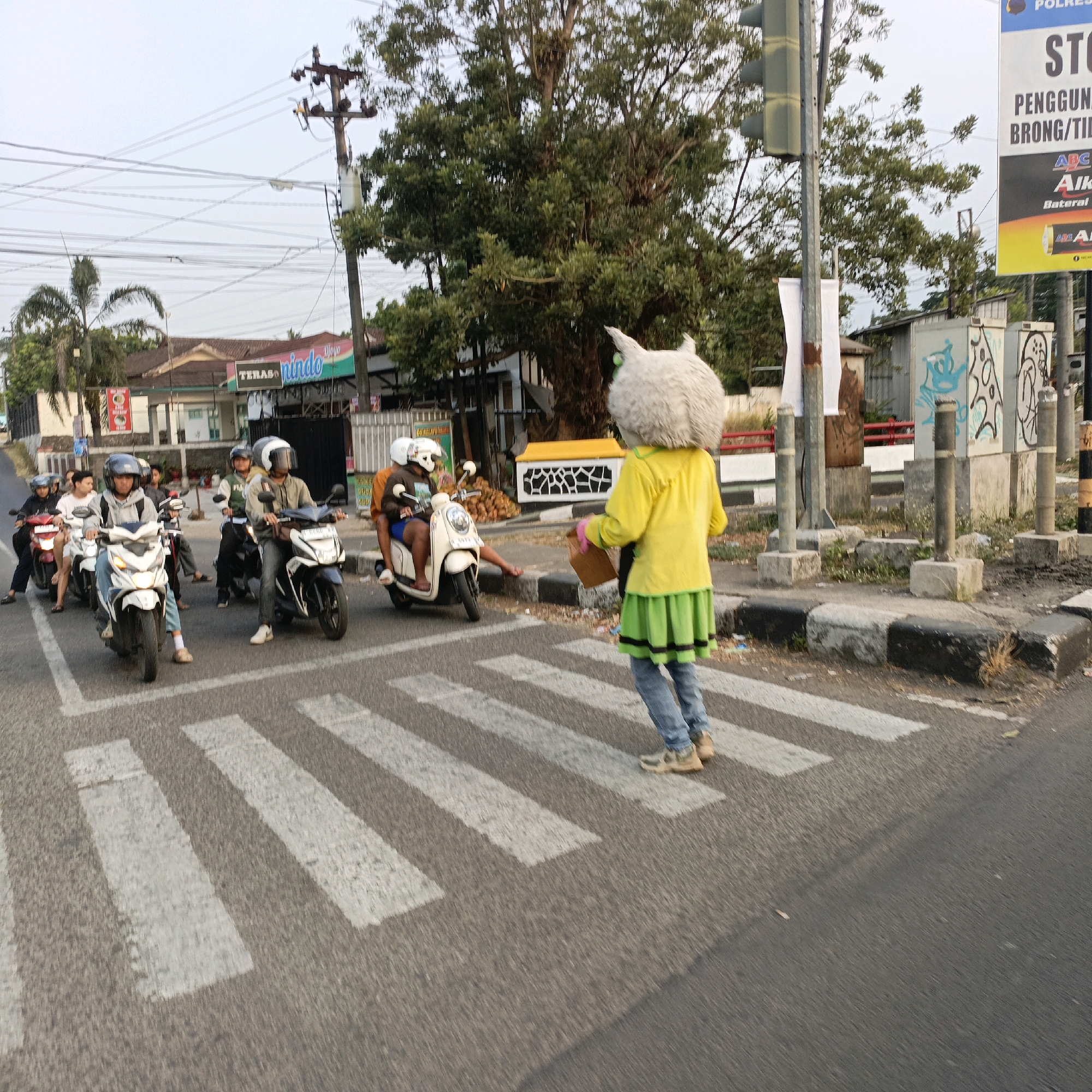 In Salatiga, Indonesia, on a street, a person wearing a fluffy white mascot costume with ears and green eyes is walking across a zebra crossing. They are dressed in a yellow long-sleeved shirt and a green pleated skirt with a black trim, and are wearing blue jeans and tan shoes. The mascot is holding a brown paper bag with pink handles. Several people on motorcycles are waiting at the zebra crossing, with one rider on a white scooter looking towards the mascot. The environment includes a traffic light, power lines, trees, buildings in the background, and a sign that reads "POLRES" and "STOP PENGGUNA BRONG/TIDAK..." which appears to be a traffic or safety warning. The street is paved, and the sky is overcast.