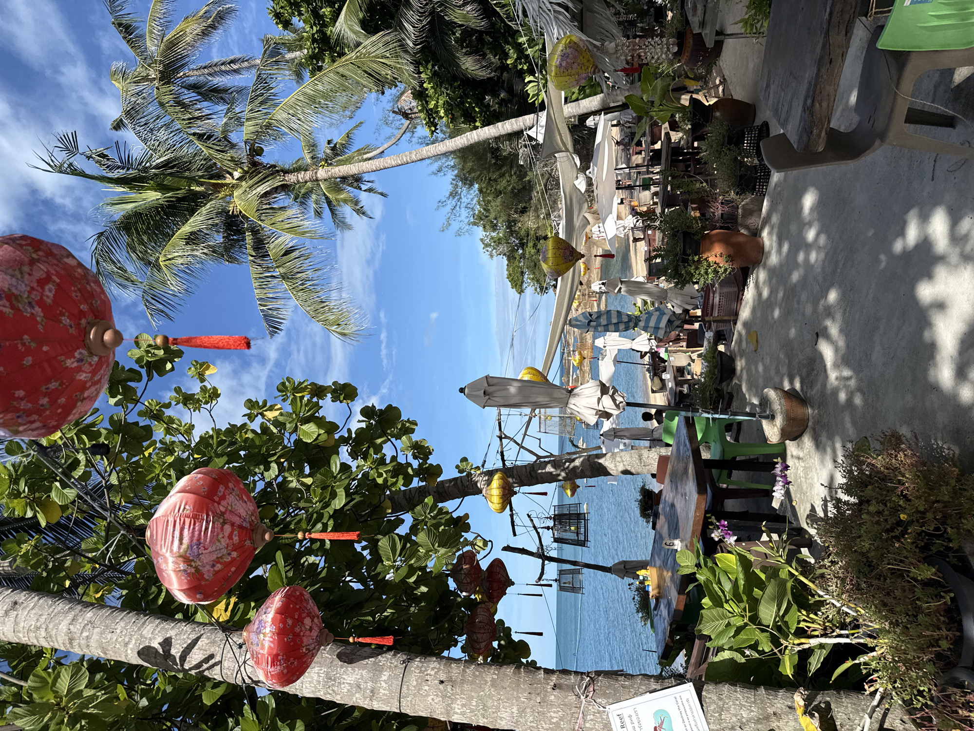 A tranquil beachside restaurant in Baan Chaweng Noi, Thailand is captured in this full, outdoor shot under a bright, partly cloudy sky. Red and yellow lanterns hang from palm trees and poles, adding a festive touch to the scene. The foreground features a wooden table and chairs, surrounded by lush green plants and potted flowers. Beyond, tables and umbrellas dot the sand, leading to the calm, blue ocean. A few patrons can be seen enjoying the beachfront setting. The overall atmosphere is one of relaxed tropical enjoyment.