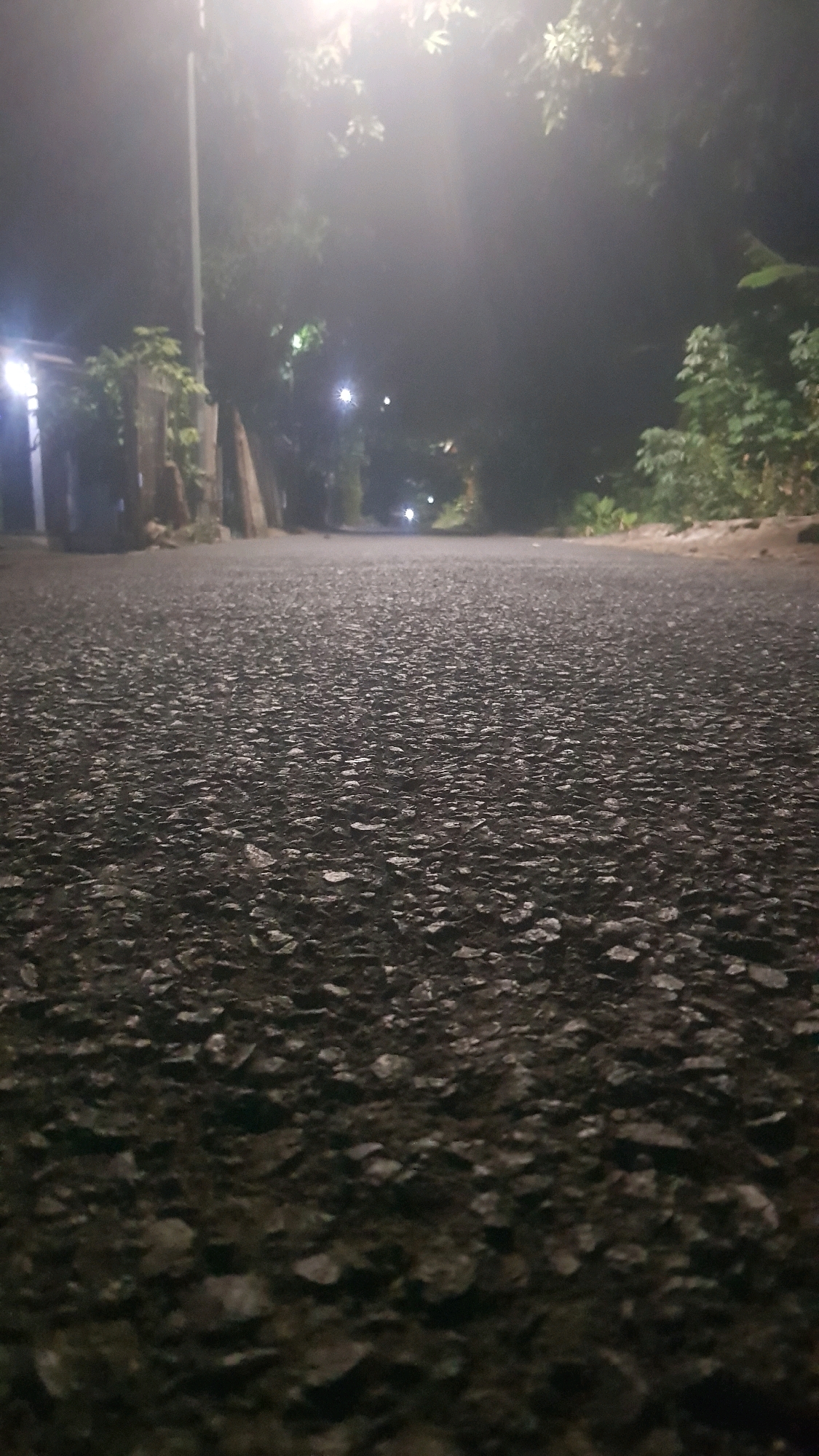 The image depicts a dark, asphalt road at night, likely in Bakalan, Indonesia, given the context. The road surface, seen from a low-angle perspective, is the primary focus, with a rough, textured appearance. In the background, the scene is shrouded in mist or fog, illuminated by faint lights. To the left, a lamppost stands tall, casting a bright glow. Further down the road, other lights are visible, suggesting the presence of buildings or streetlights. Dense foliage frames the road on both sides, with trees and plants partially obscured by the low visibility. The overall atmosphere is dimly lit and somewhat mysterious due to the night setting and the atmospheric conditions.