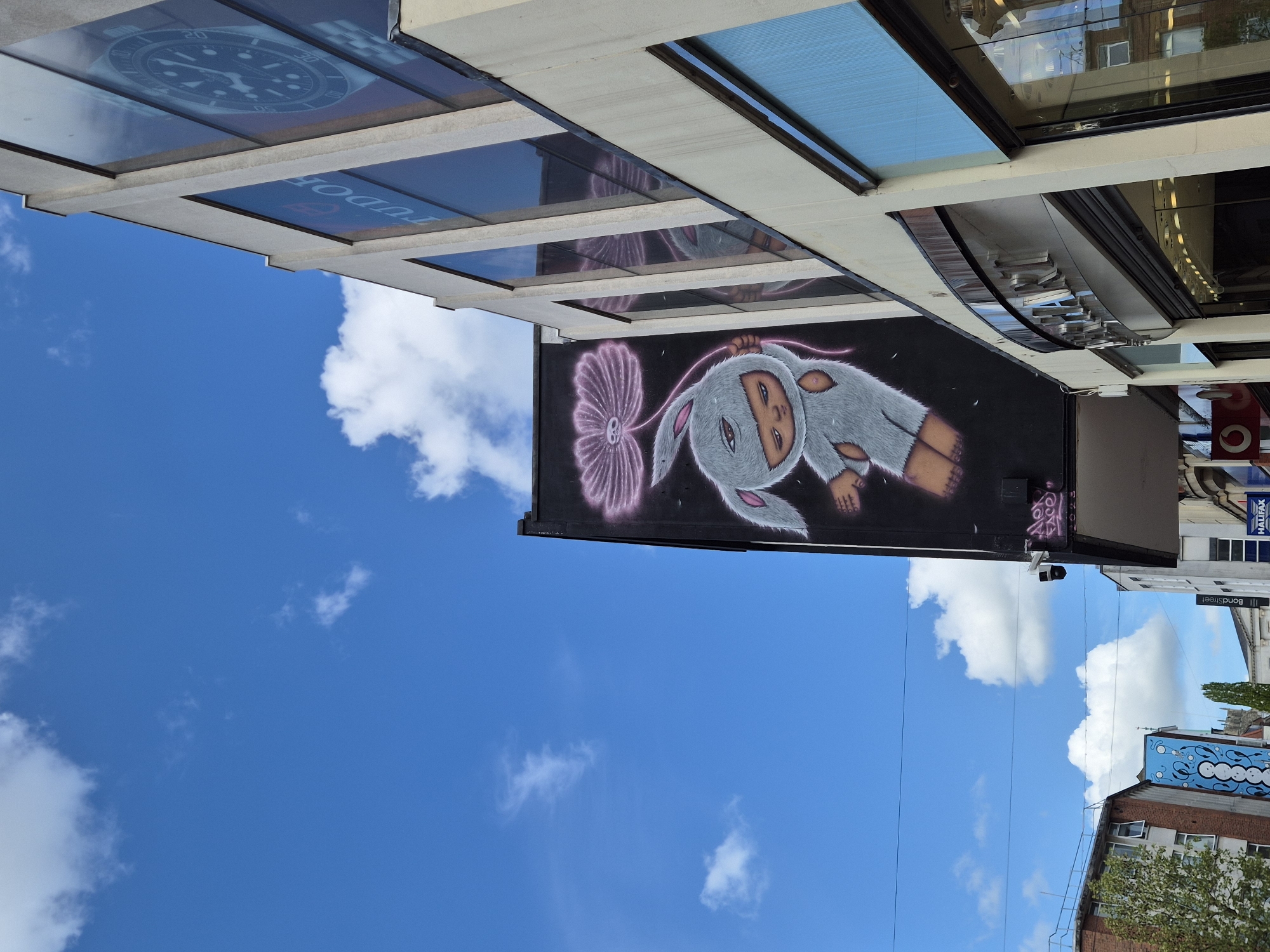 The image captures a street scene in Chelmsford, United Kingdom. A vibrant mural featuring a furry, humanoid creature with elongated ears and a large flower is painted on the side of a building. The mural's artistic style is contemporary and visually striking. The building housing the mural is part of a commercial area, evidenced by storefronts and signs, one of which reads "HALIFAX." Above the mural, the architecture includes glass panels and modern design elements. Overhead power lines are visible against the backdrop of a clear blue sky with scattered white clouds. In the distance, more buildings and trees are visible, providing context to the urban environment. The overall composition gives a glimpse into the street art and urban aesthetics of Chelmsford.