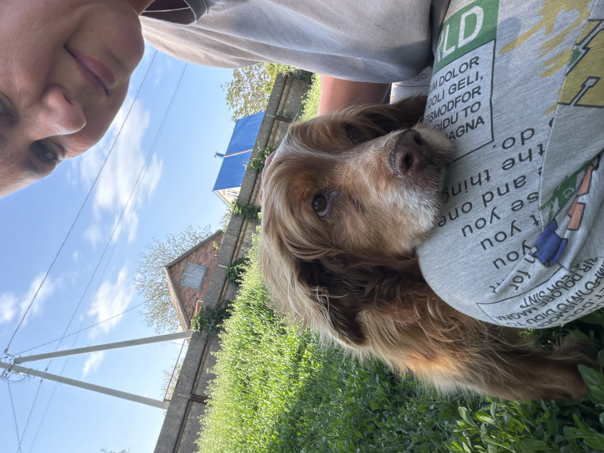 A woman is pictured in an outdoor setting, possibly Leningradskaya, Russia, based on the presence of a blue-roofed building and specific vegetation commonly found in the region. The focus of the image is on the woman's face and a brown dog resting on her chest. The woman is wearing a light-colored t-shirt with text and graphics. The dog appears to be comfortable and relaxed, its fur a mix of light and dark brown tones.
The background includes a green field or yard, utility poles with wires running overhead, and a structure that seems to be a house or building, possibly made of brick or stone. The sky is partly cloudy, suggesting a bright day. The photo is taken from a low angle, giving a slightly upward perspective. The woman is holding the camera or phone at an angle.
