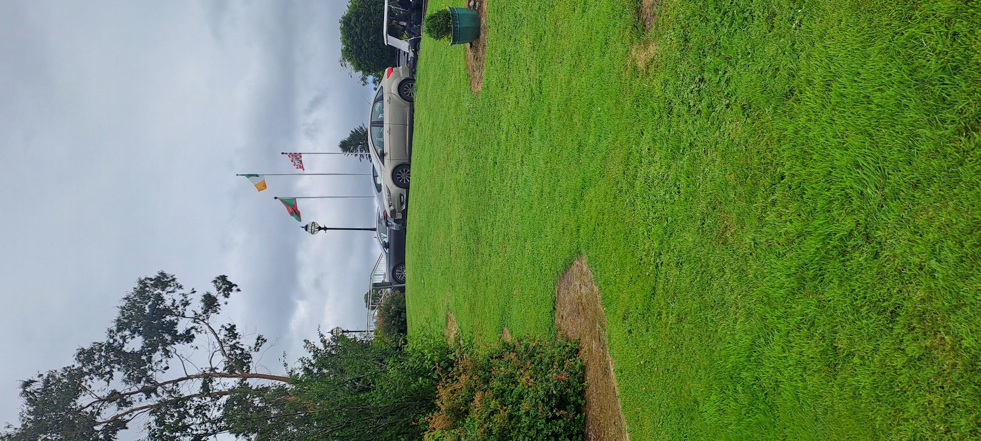 The image shows a cloudy day at a location in Castlebar, Ireland, likely a hotel or similar establishment. In the foreground, a well-maintained green lawn slopes upwards. In the middle ground, several cars are parked on a paved area behind a low fence. The cars appear to be a dark sedan, a light-colored sedan, and a white SUV. Three flags are flying on poles behind the cars. The flag on the right is green, white, and orange, likely the flag of Ireland. The flag on the left is green with red and gold emblems, possibly the flag of Bangladesh. The middle flag has a red and white checkered pattern. Two lampposts with old-fashioned globes are visible near the flags. To the left, a large tree with sparse leaves is visible, with dense green bushes in the immediate foreground. To the far right, a small, potted evergreen shrub is visible. The sky is overcast and grey. No people are clearly visible.