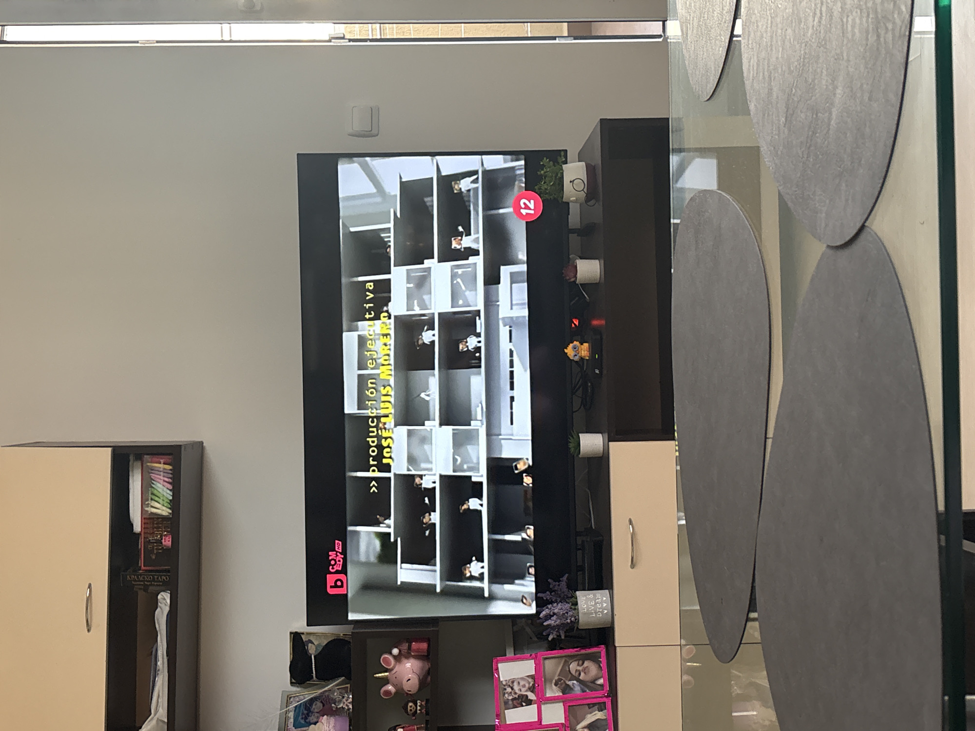 The image shows an interior view of a room. In the center is a wall-mounted flat-screen television displaying a scene with multiple people seemingly in a multi-story building. To the left of the television is a cabinet. To the right, the television is placed above a shelving unit. Items such as small plants, decorative objects, and picture frames are placed on the shelving. In the foreground, a decorative glass partition with abstract oval shapes is partially visible. The specific location within Sofia, Bulgaria, cannot be determined from the given image.