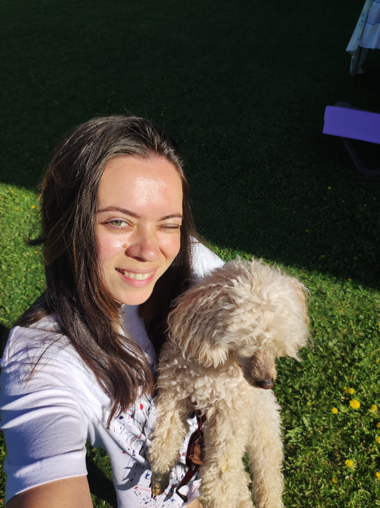 A young woman with long dark hair and fair skin is holding a beige poodle in a grassy outdoor setting, likely a lawn or park. The woman is winking at the camera and smiling. She is wearing a white t-shirt with colorful splatter paint design. The poodle's head is turned to the side and slightly downward. The background is mostly green grass, with some yellow dandelions visible. In the upper right corner of the image, there is a corner of a white table or cloth and a purple object, perhaps a folded mat or chair. The location is unknown and the suggestion of the city of Фоки, Russia is not visible in this image.
