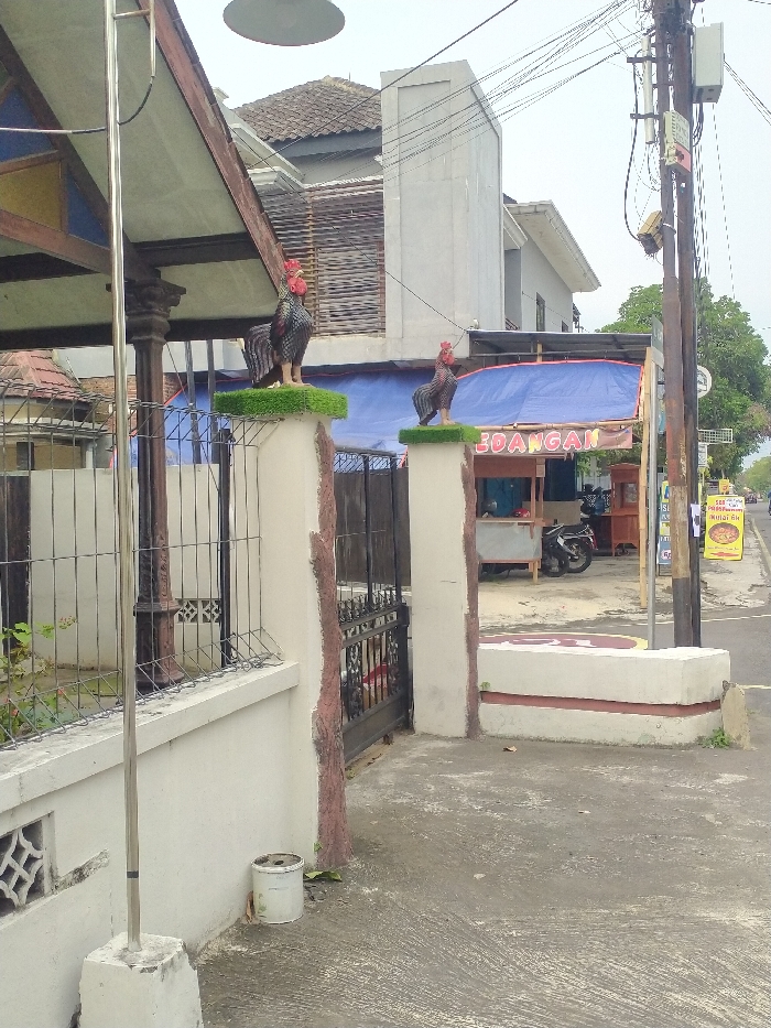This image depicts a street scene in Karanganyar, Indonesia, captured on an overcast or hazy day. The foreground features an entrance to a property, marked by a white and brown fence and a dark metal gate. Two decorative rooster statues, one dark grey with a red comb and the other reddish-brown, stand prominently on top of the gate pillars, each on a patch of artificial green grass. A tall metal pole, possibly for a flag, is fixed into the ground on the left side of the entrance, and a white bucket rests at its base.
Behind the fence, parts of two buildings are visible: a traditional structure with a reddish-brown tiled roof and a more modern, grey two-story building. To the right of the gate, a roadside stall covered by a blue tarp is present. The banner on the tarp displays partially visible text that appears to read "SOANGAN" or "GOANGAN". A motorcycle is parked near this stall.
The background shows a paved street stretching into the distance. A utility pole heavily laden with numerous wires and electrical components stands beside the road. Several small signs are attached to the pole and along the street. A notable yellow sign advertises food, with visible text including "MIE AYAM," "BASO," and "SOTO," suggesting a local food vendor. Trees line the far side of the road. No individuals are present, and the scene is static, capturing an everyday street view.