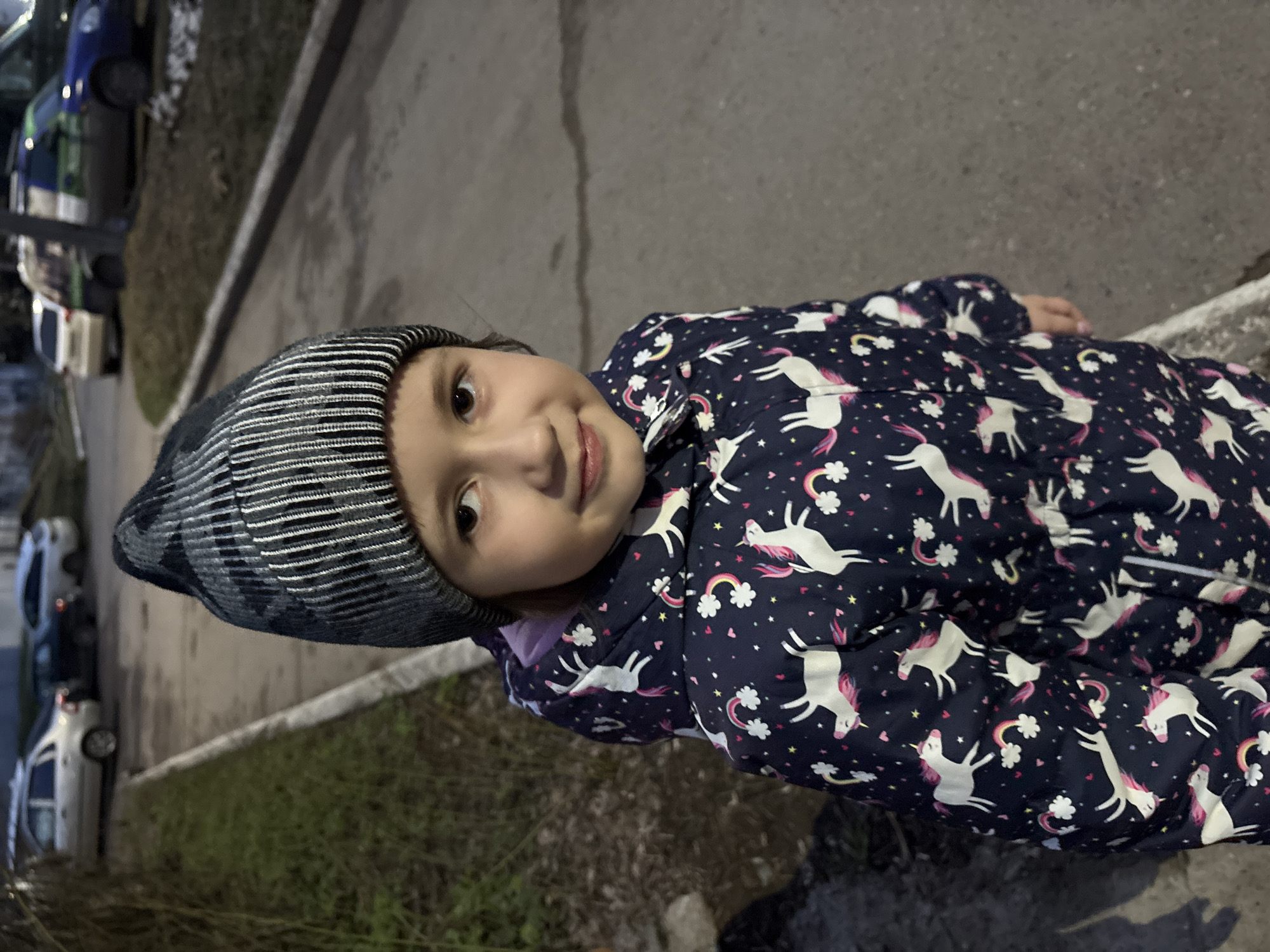 A young child is depicted in a portrait-style photograph, looking directly at the camera with a soft, engaging smile. The child, likely a girl, wears a dark, striped beanie and a dark blue puffer jacket patterned with white unicorns, colorful rainbows, and small white stars.
The setting is outdoors, likely an urban or suburban street or pathway. The child is positioned on what appears to be an asphalt or concrete surface. In the background, to the child's right, are several parked vehicles and a strip of grass or sparse vegetation alongside a curb. The overall lighting is dim, suggesting dusk, night, or a heavily overcast day, with artificial light illuminating the subject. The child's warm attire implies cool or cold weather conditions. There are no specific activities taking place beyond the child posing for the photograph. No text is visible in the image. The location context for this scene is Chaikovsky, Russia.