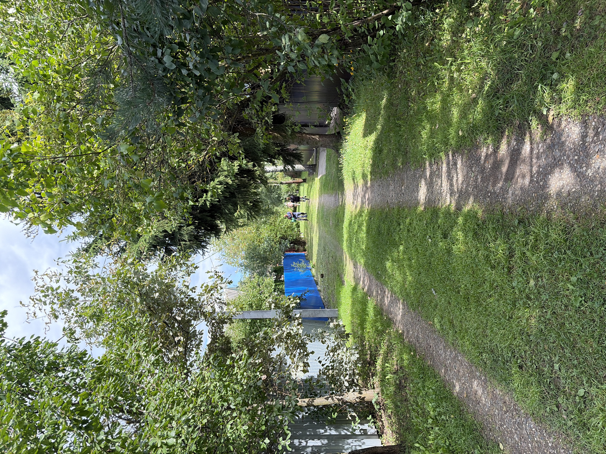 The image depicts a dirt road lined with lush green grass and trees on both sides. The road is well-trodden, with two distinct tire tracks visible. In the distance, two individuals are seen cycling, one slightly ahead of the other. A bright blue fence runs along the left side of the road, separating it from a property with a grey metal fence. The sky is partly cloudy, with patches of blue visible through the leafy canopy. The scene appears to be in a rural or semi-rural setting, possibly a village or a dacha community. Based on the provided location information, this scene is in Nerudnik SNT, Russia.