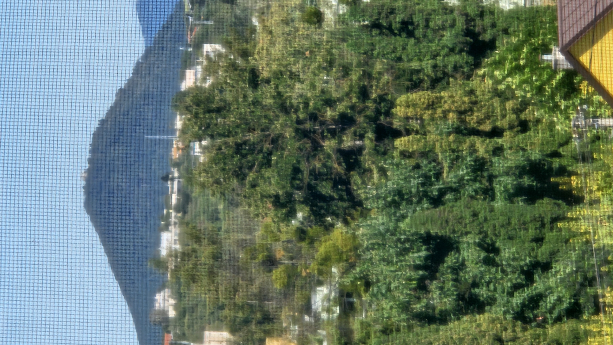 This is a high-angle, full shot of a residential area with a mountain in the background, as viewed through a window screen. The foreground is dominated by dense green foliage, with various types of trees and bushes filling the frame. In the middle ground, there are houses with light-colored walls and some orange-tiled roofs scattered amongst the trees. The background features a large, dark mountain with some structures visible at its peak. The sky above is a clear, light blue, partially obscured by the window screen's grid pattern. The overall impression is that of a suburban or semi-rural environment. The location is identified as Prešov, Slovakia.
