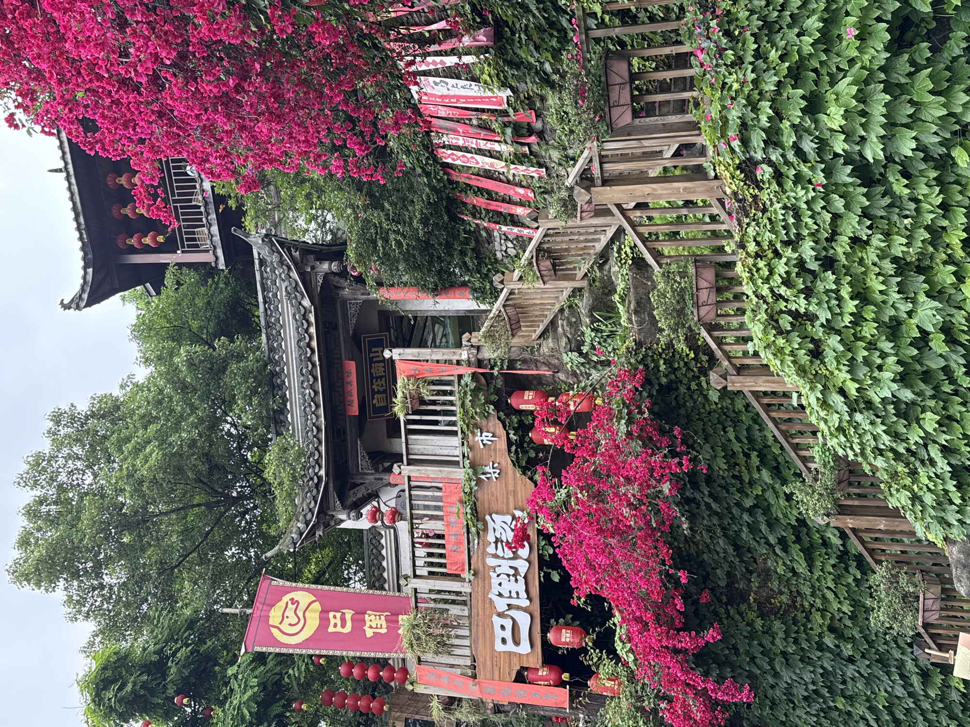 This is a photograph of a building in the city of Nan'an District, China. The building appears to be an Asian-style structure with a traditional roof and wooden elements. It is adorned with red lanterns and signage featuring Chinese characters. Abundant greenery, including ivy and vibrant pink bougainvillea flowers, surrounds the building, adding to the scene's visual appeal. The photograph also shows a wooden staircase leading up the side of the structure, offering another point of interest. Overall, the scene is one of traditional architecture blended with lush vegetation.