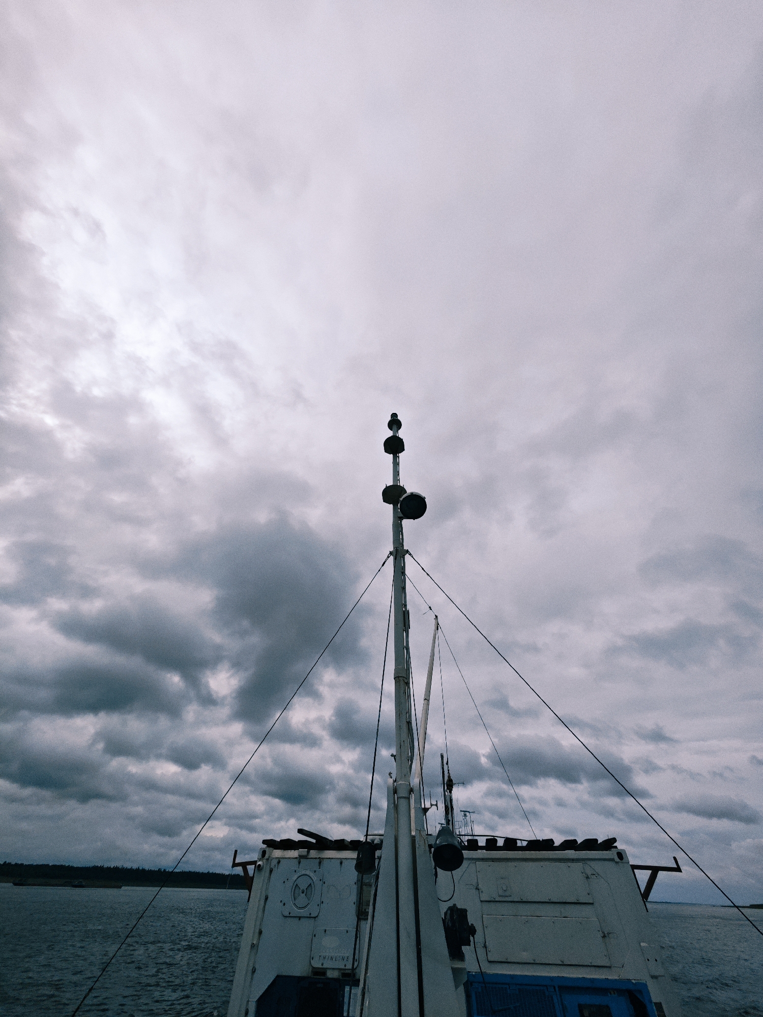 A low-angle, full shot captures the top of a boat sailing on dark, choppy water under a heavily clouded sky. The boat's deck is visible in the foreground, with a white structure and some equipment. A tall mast extends upwards, topped with a bird perched on a circular object. The horizon shows a dark line of trees, indicating land in the distance. The scene appears to be a port in Zotino, Russia, on a gloomy, overcast day.