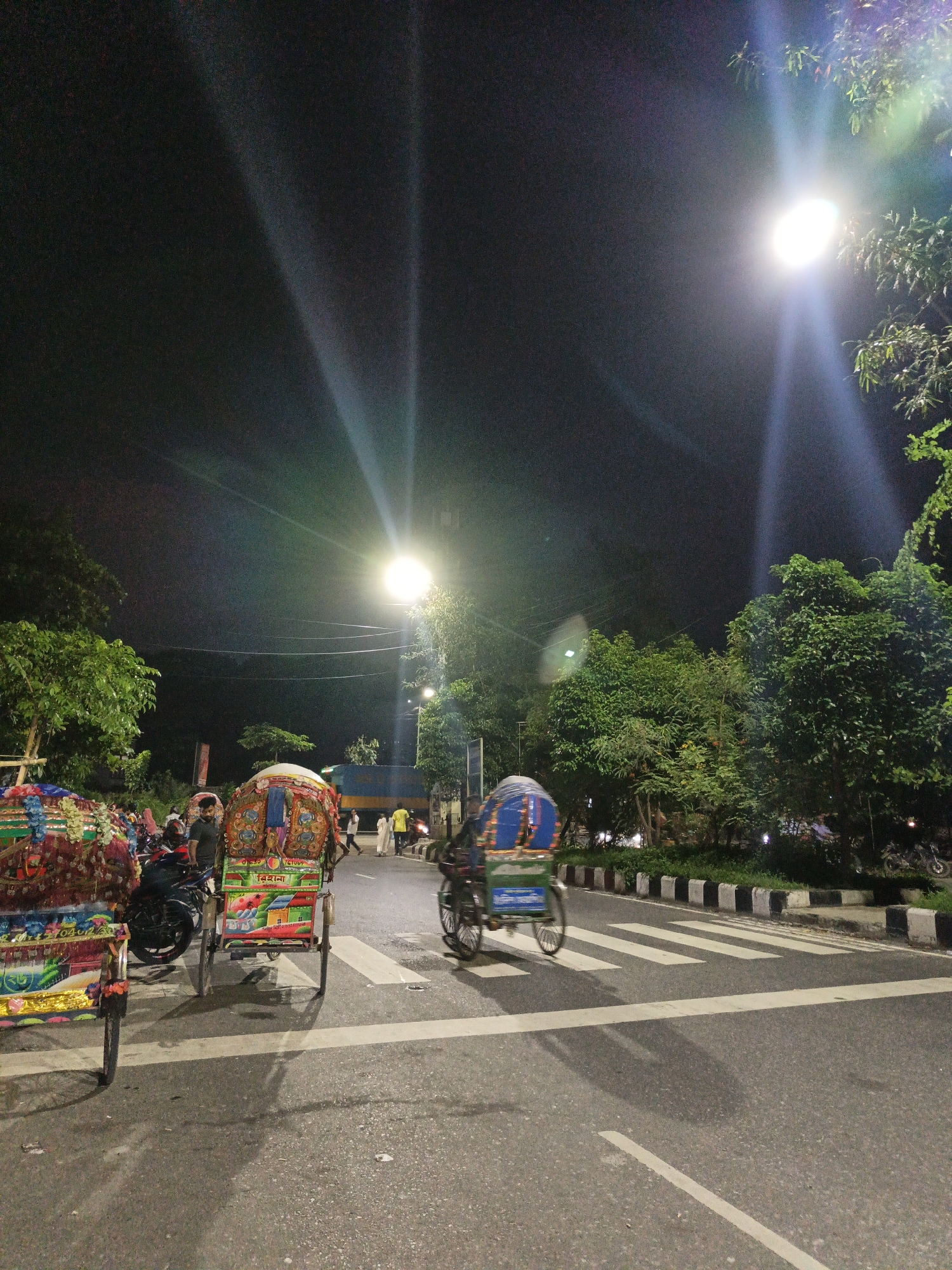 The image depicts a street scene at night, likely in an urban area, illuminated by streetlights. The primary subjects are several cycle rickshaws, adorned with colorful decorations and patterns, suggesting they might be in use for passenger transport or perhaps participating in a procession or festival. One rickshaw in the foreground is heavily decorated with vibrant fabrics and what appear to be garlands. Another rickshaw further down the street is also decorated and is in motion, with its rider visible.
In the background, other rickshaws and motorcycles are present, along with a few individuals walking on the sidewalk. The street has a zebra crossing marked by white stripes. The presence of lush green trees on the right side of the image suggests a location with vegetation, possibly a park or a well-maintained roadside. The sky is dark, indicating nighttime. The streetlights cast a bright glow and create long, visible light beams and lens flares, typical of night photography.
There is some visible text on the rickshaws. On the rickshaw in the middle ground, there is text in a language that appears to be Bengali. One prominent word appears to be "বিশ্বাস" (Bishwas), meaning "faith" or "trust." There is also other lettering that is difficult to decipher.
The overall mood of the image is lively and somewhat festive, due to the bright decorations on the rickshaws, set against the quiet backdrop of a night-time street. The lighting creates a dramatic effect, highlighting the vibrant colors of the rickshaws against the dark environment.