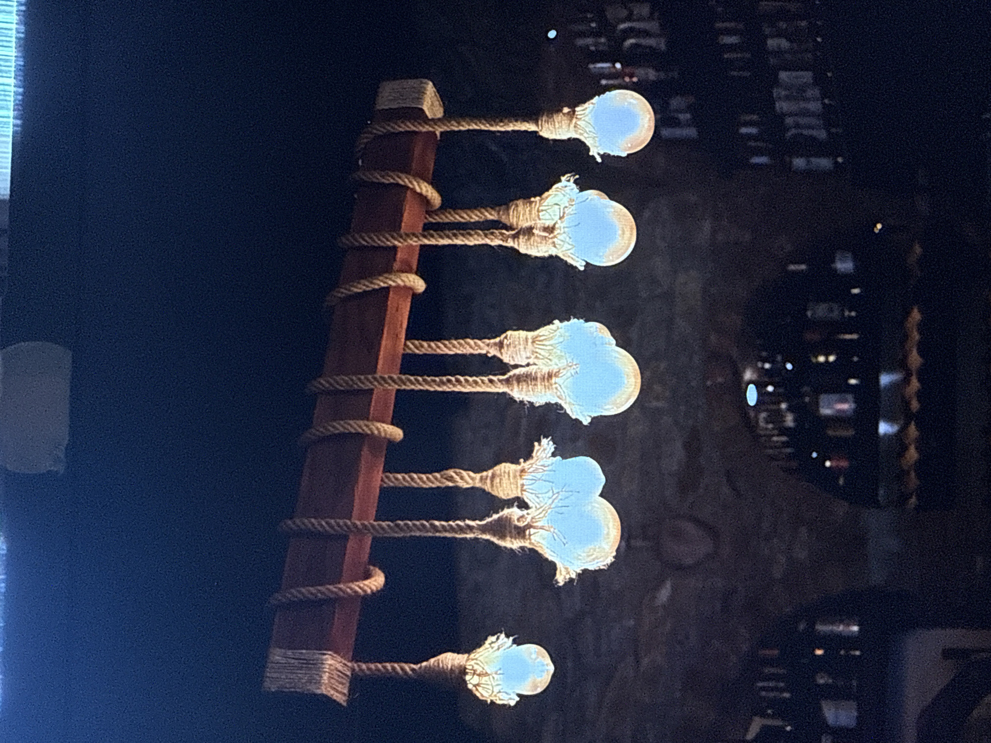 The image shows a close-up of a rustic-style light fixture with five exposed bulbs hanging from a wooden support. Each bulb is attached to the wood by a thick, braided rope that is wrapped around the wood multiple times. The ropes are frayed at the bulb connections, giving a handmade, artisanal appearance. The bulbs themselves are illuminated with a soft, blue-white light. The background is dark and appears to be a dimly lit interior space, possibly with shelves or bottles visible in the distance, suggesting a bar or a similar establishment. The overall mood is warm and inviting, created by the soft lighting and the natural materials used in the fixture. The image is a vertical shot, focusing on the details of the light fixture. There is no visible text in the image. The context of Eyüpsultan, Turkey, does not provide further visual cues within the image itself.