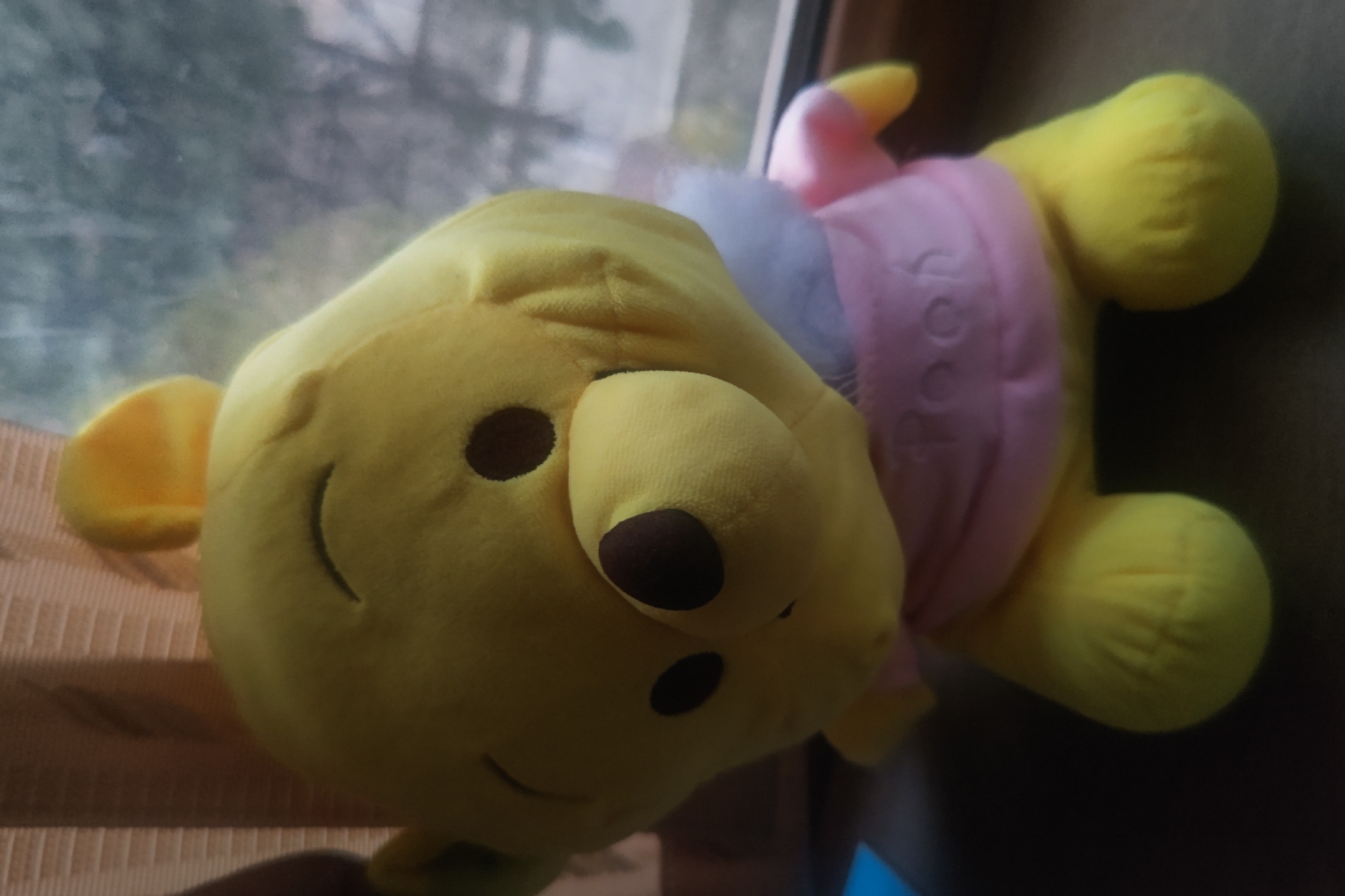 A plush Winnie the Pooh toy is positioned on a windowsill, its yellow body and pink shirt contrasting with the muted tones of the background. The toy's head is turned slightly to the right, and its eyes are closed, giving it a serene expression. A white and light blue collar encircles its neck, beneath a pink garment embroidered with the word "Pooh." The background shows a window with blurred outdoor scenery, hinting at trees and a cloudy sky. The windowsill itself is a wooden surface, and to the left, a portion of a pleated blind is visible. The image is taken from a medium-low angle, focusing on the toy as the central subject. The lighting appears to be natural, coming from the window. There are no people or other animals present. The overall scene is domestic and still, suggesting a quiet indoor environment within a residential setting in Samarkand City, Uzbekistan.