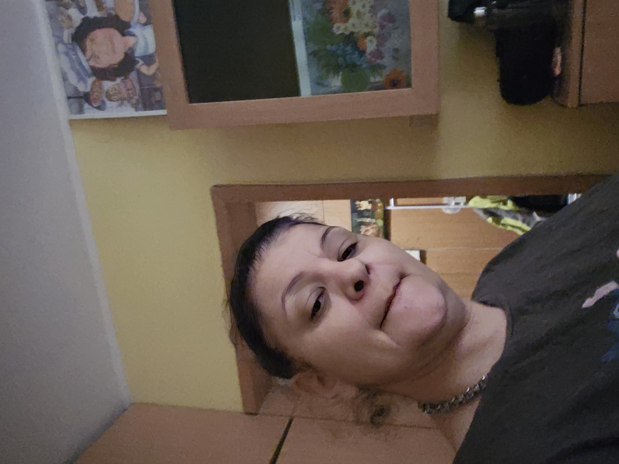 An adult woman is depicted in a close-up, sideways portrait, likely a selfie, taken indoors in Levski, Bulgaria. She is looking slightly upward and to her left with a neutral or contemplative expression. Her dark hair is pulled back, and she is wearing a dark t-shirt and a metal chain necklace.
The background shows an interior setting with walls painted in two tones: a light yellow and a lighter, possibly off-white, section. On the wall above her, two framed artworks are visible. To the left, a framed illustration features a cartoonish figure with dark, curly hair, dressed in light clothing, set against a background of other indistinct figures or elements. Further right, within a light wooden frame, is a painting or print of a vase holding a colorful bouquet of flowers, including red, blue, white, and orange blooms. To the far right, a dark electronic device and light brown cabinetry are partially visible. A wooden surface, possibly a table or desk, can be seen below her head. The lighting suggests it is daytime. No visible text is present in the image.