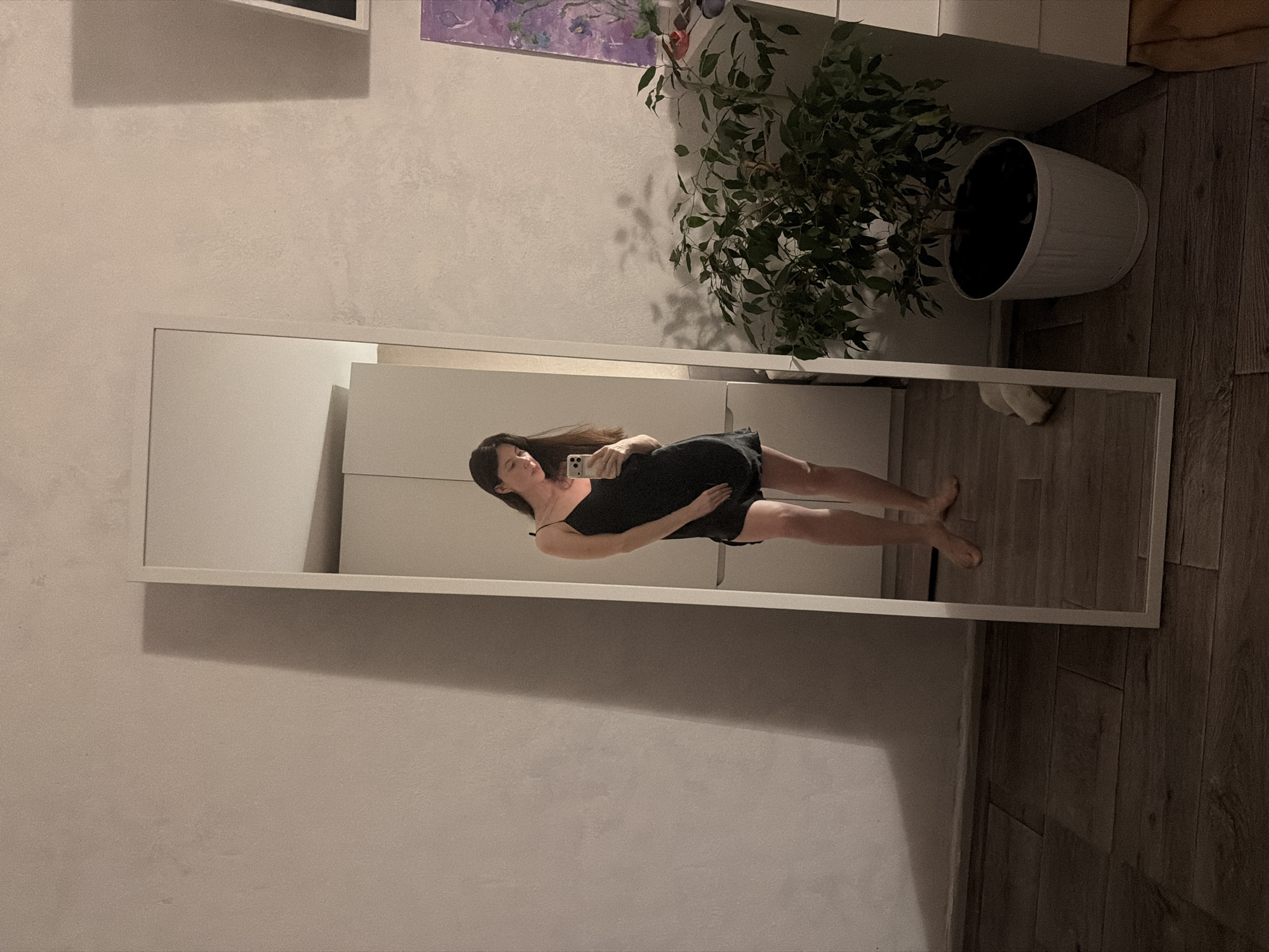 A woman in a black dress is seen reflected in a full-length mirror inside what appears to be a residential space in Perm, Russia. The walls are painted in a light, neutral color. The mirror leans against a wall, adjacent to a white cabinet or wardrobe. A green plant in a white pot sits next to the cabinet. The floor appears to be made of dark wood.