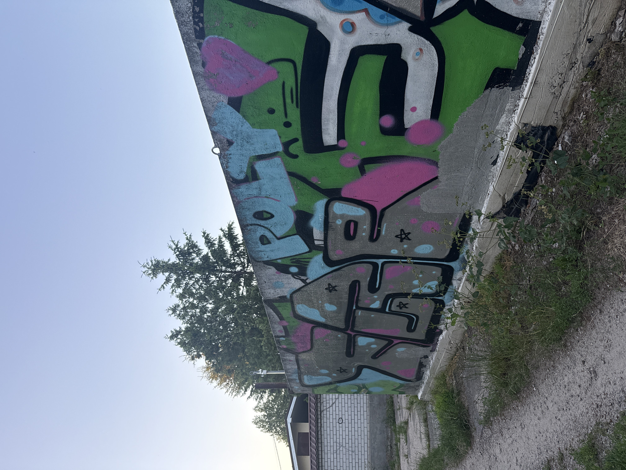 This is a medium-shot, eye-level, outdoor photograph of a concrete wall covered in graffiti. The wall appears to be part of a fenced perimeter or a retaining wall, possibly in an industrial or abandoned area. The graffiti features bold, stylized lettering in shades of blue, green, pink, and black, with some gray and white accents. Stars and circular shapes are also incorporated into the artwork. The wall is weathered and shows signs of wear and tear, with some patches of concrete missing and exposed rebar at the base.
To the left of the wall, a dirt path leads away from the viewer, bordered by overgrown grass and weeds. In the background, a white brick building with a brown roof is visible, and several tall evergreen trees stand behind the wall. The sky is a clear, pale blue, suggesting it is either early morning or late afternoon. The overall scene conveys a sense of urban decay and artistic expression in an outdoor setting.
There is no visible indication of the specific location within Dnipro, Ukraine, in the image itself. However, the presence of graffiti on an outdoor concrete structure, alongside a dirt path and surrounding vegetation, is consistent with many urban and suburban environments.