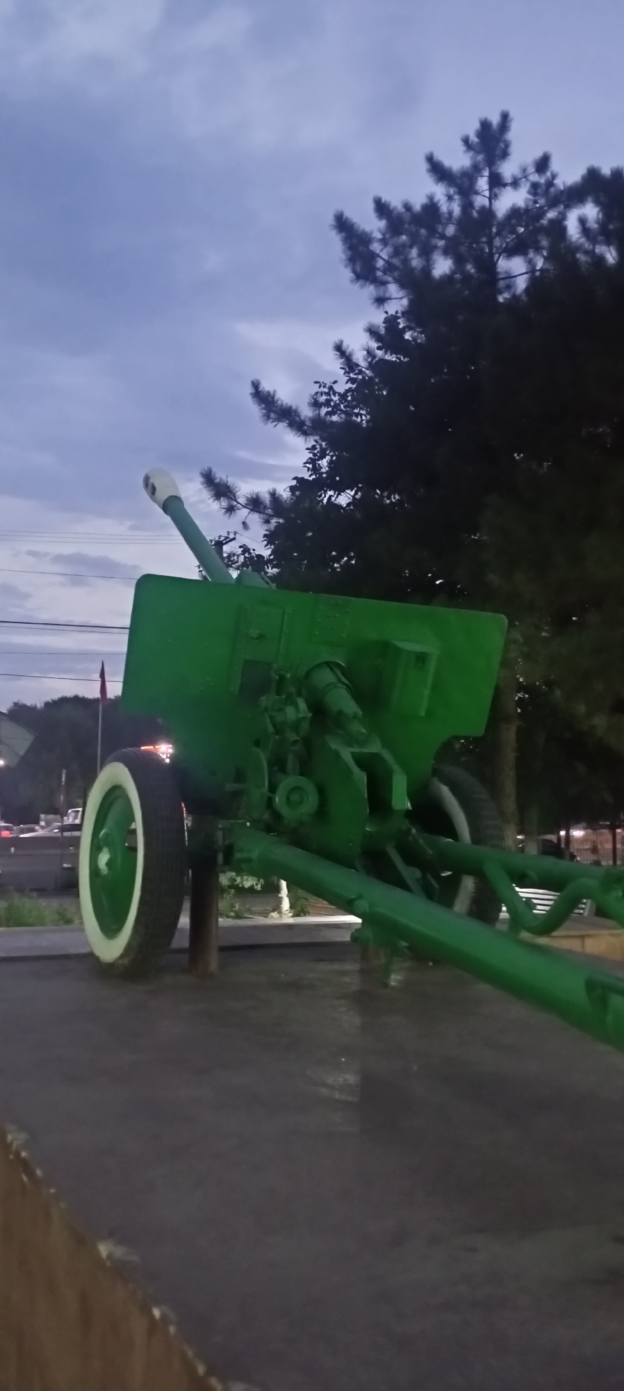 The image depicts a green artillery gun, likely a historical monument, positioned outdoors. The gun is the primary subject and is oriented diagonally, with its barrel pointing towards the upper left. The sky above is overcast with a muted blue and grey hue, suggesting it could be dawn, dusk, or a cloudy day. Several pine trees are visible in the background, with their dark silhouettes contrasting against the sky. In the far background, there are hints of a city or town with some lights and structures, and possibly a flagpole with a red flag. The ground in the foreground appears to be asphalt or a paved surface, possibly wet, with reflections visible. The overall lighting is dim, indicating low light conditions. The location is identified as Sokuluk, Kyrgyzstan.