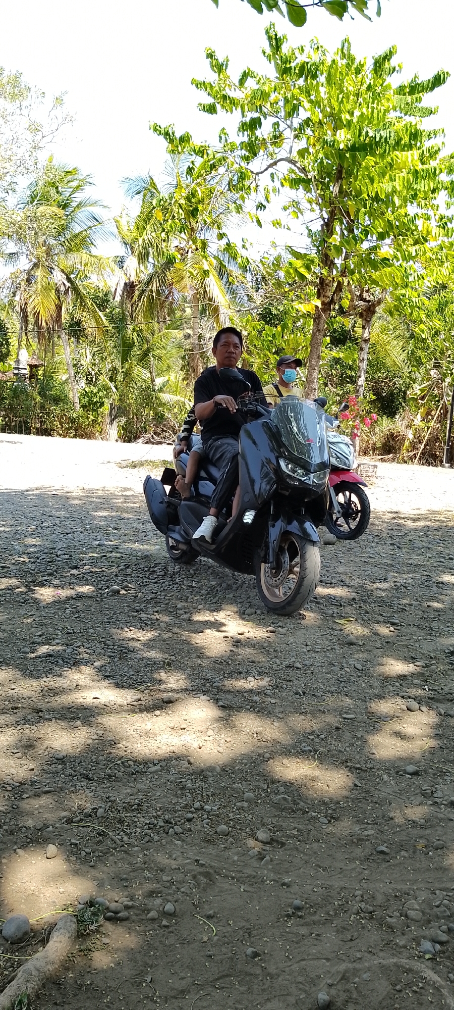 A man in a black t-shirt and black pants rides a black motorcycle with a child sitting behind him. The man is looking towards the camera. The child is wearing a striped shirt. Another person wearing a yellow shirt and a blue face mask is visible on a red motorcycle behind the first motorcycle. The motorcycles are parked on a gravelly surface. In the background, there are palm trees and other lush green vegetation, suggesting a tropical or semi-tropical environment. The sun is shining brightly, casting shadows on the ground. The scene appears to be in a rural or outdoor setting in Pekutatan, Indonesia, given the vegetation and the style of motorcycles.
