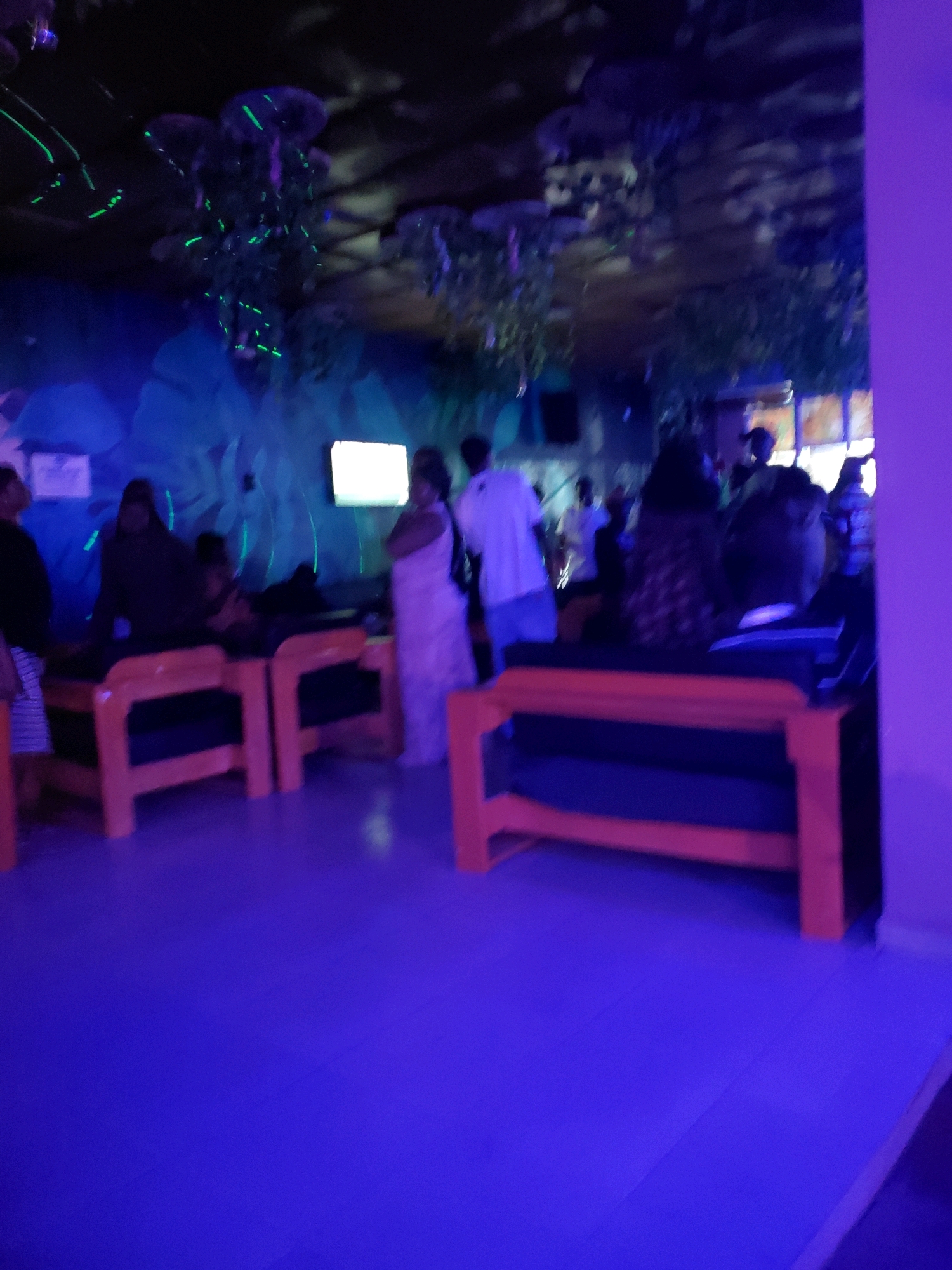 The image depicts the interior of a dimly lit establishment, likely a spa or relaxation center, with vibrant blue and green lighting. In the foreground, there are several wooden benches or couches with orange frames and dark blue cushions. The floor is a uniform, reflective blue.
In the mid-ground, several individuals are visible, some seated on the benches and others standing. The atmosphere appears to be social or recreational. The background features abstract, illuminated wall art or decorations in blue and green, with what appear to be hanging artificial plants or structures that glow with green lights. A television screen is mounted on the wall, displaying a bright, white image. The overall ambiance suggests a themed entertainment or wellness venue.
This scene is located in the city of Jos, Nigeria.