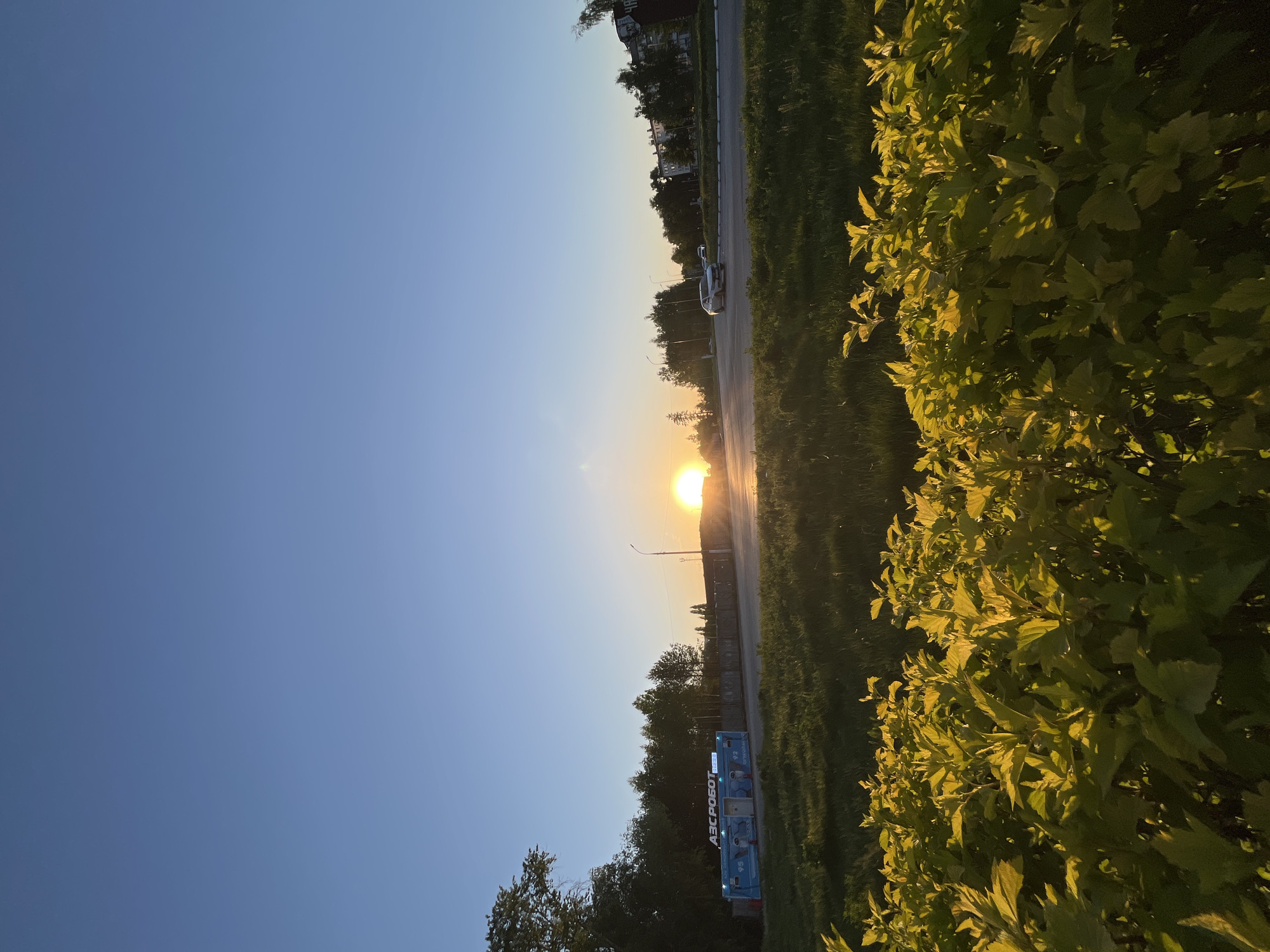 The image depicts a sunset over a road in Chaikovsky, Russia. The sky is a gradient of blue to orange, with the sun near the horizon. A road runs through the center of the image, and there is a car driving on the road. There is green vegetation on both sides of the road. There is a building on the far side of the road. There is an object labelled “АЗС РОБОТ” near the bottom of the image.