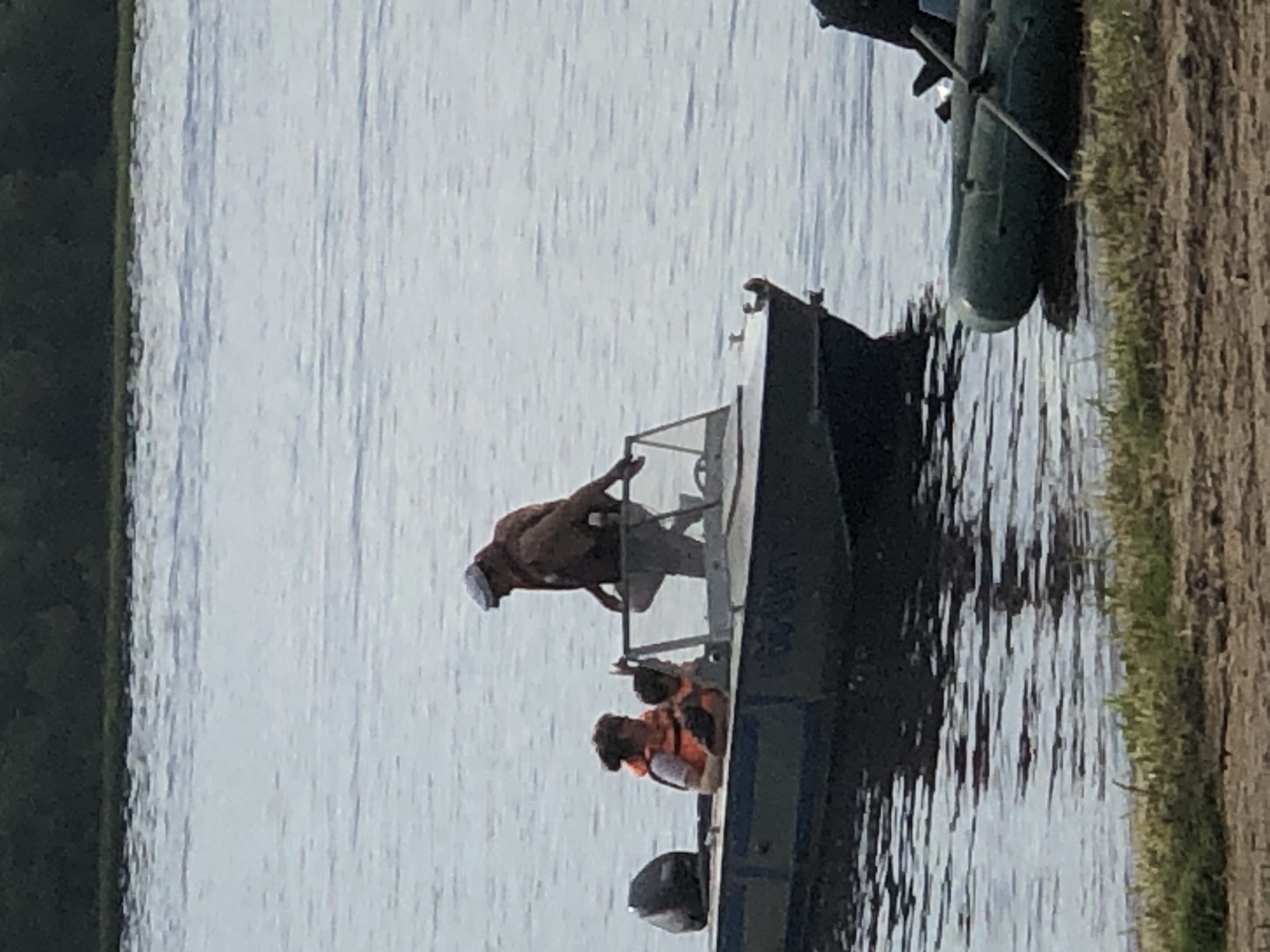 In Solikamsk, Russia, on a body of water, a small aluminum boat with an outboard motor is underway. Three individuals are present: a person wearing an orange life jacket is seated in the boat, holding a small child who is also wearing an orange life jacket. A third person, standing and wearing a brown jacket and a cap, is positioned at the rear of the boat. The boat is moving towards the right side of the frame. In the foreground, a green inflatable raft is partially visible, resting near the shore. The background shows a dark line of trees.