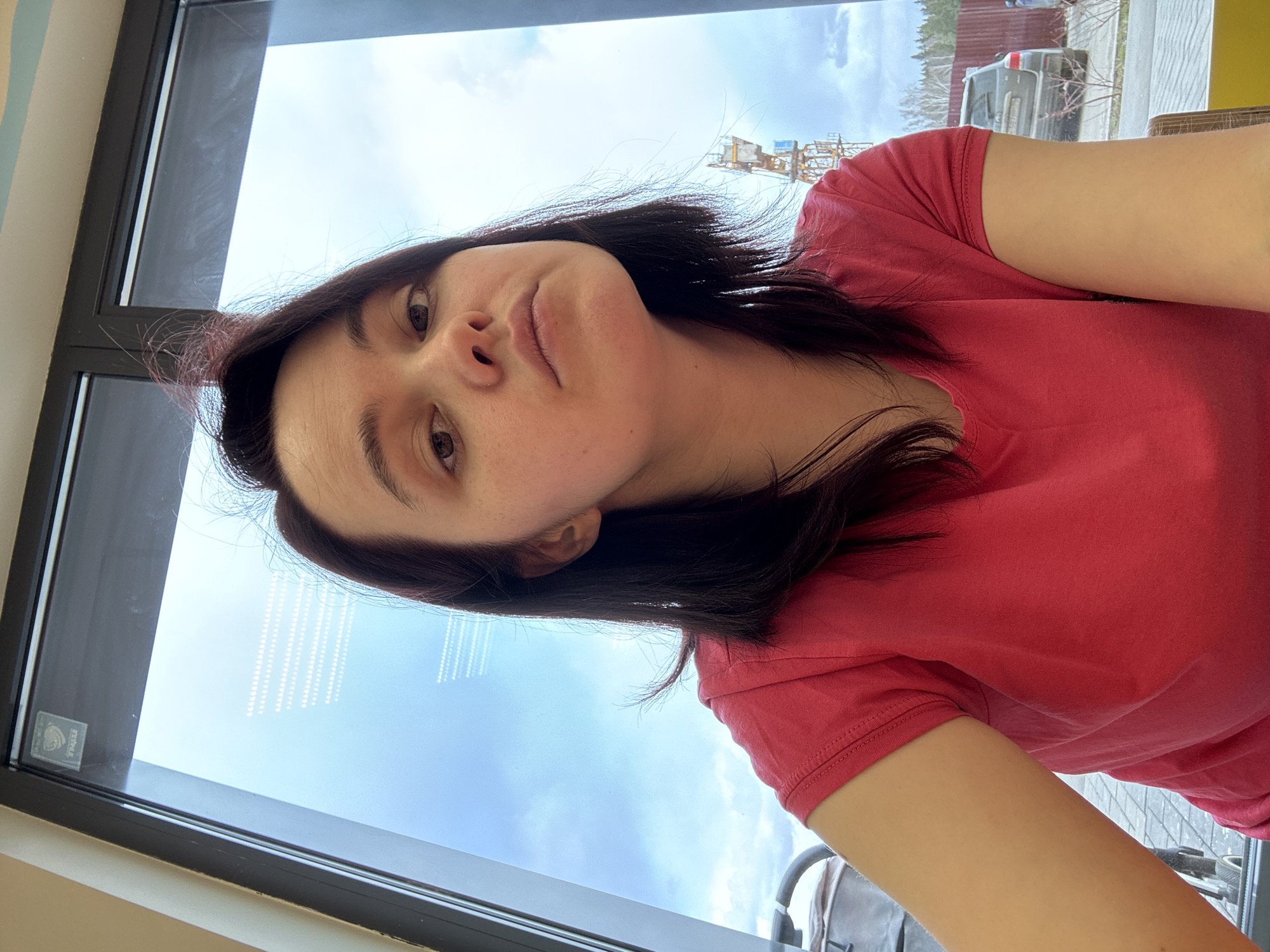The image is a selfie of a young woman, captured from an overhead perspective and rotated 90 degrees counter-clockwise. The woman's head occupies the left side of the frame, with her body extending horizontally to the right. She has dark hair, dark eyes, and a neutral, slightly pensive expression, with her lips subtly pursed. She is wearing a plain, short-sleeved red t-shirt.
She is positioned indoors, next to a large window with a dark frame, which fills the upper and right portions of the image. Through the window, an outdoor scene is visible under an overcast or partly cloudy sky. Notable elements outside include a large yellow construction crane in the middle distance and a grey car, possibly an SUV, parked near a wooden fence. The immediate indoor background to the left of the woman features a light-colored wall with faint blue or teal vertical stripes.
The activity taking place is a selfie being taken by the woman. The time of day is daytime, evidenced by the bright sky. The overall atmosphere appears calm.
A small, white, square sticker is visible on the lower section of the window frame (when the image is viewed upright). It features a logo and text, likely "ТРИО" and "ОКНА" below it, hinting at a window manufacturer or installer. There are no other clearly legible texts or distinct location cues beyond the general urban/suburban outdoor setting, consistent with Izhevsk, Russia.